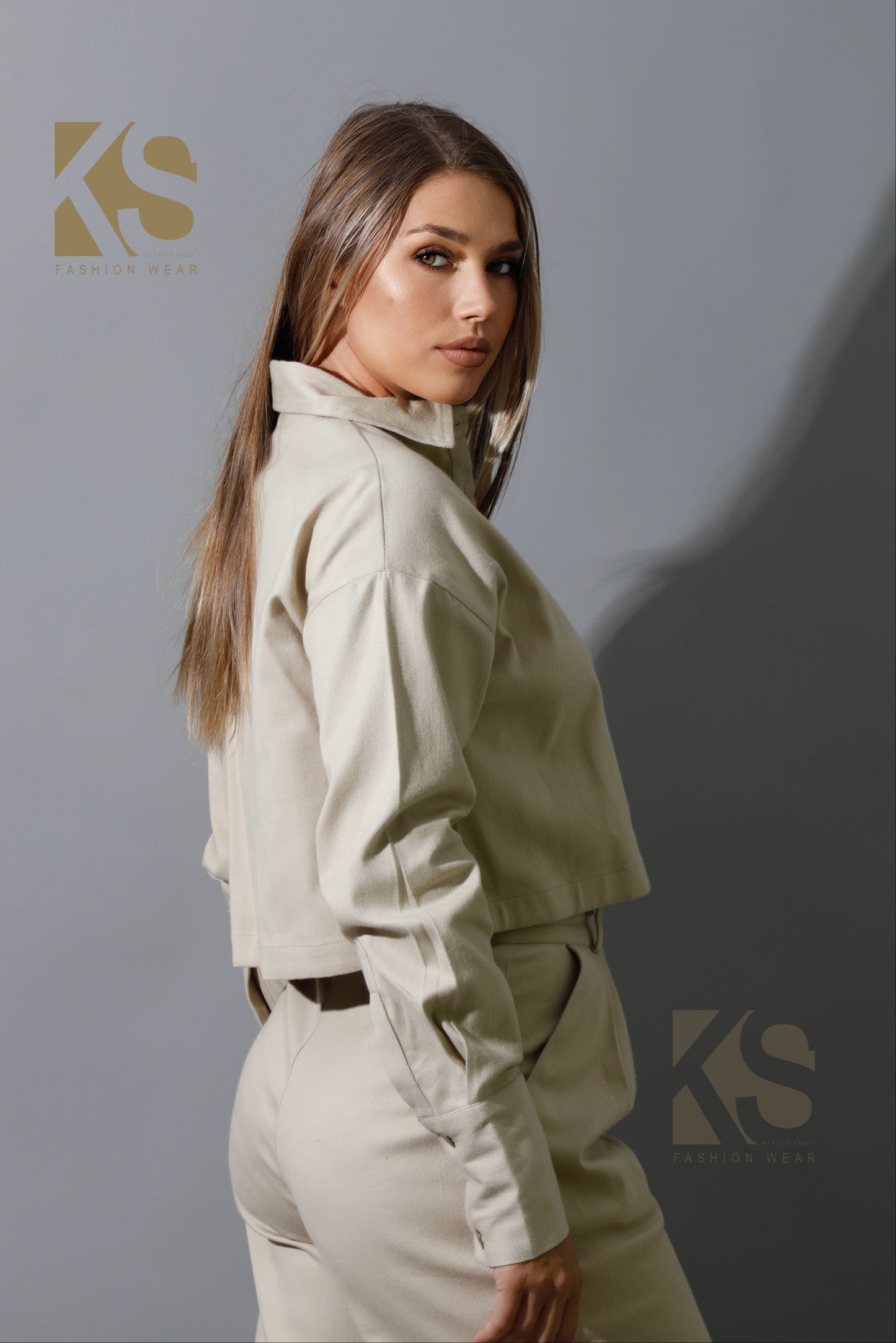 Co-ord Pleated Wide Leg Pants & Cropped Shirt - Beige