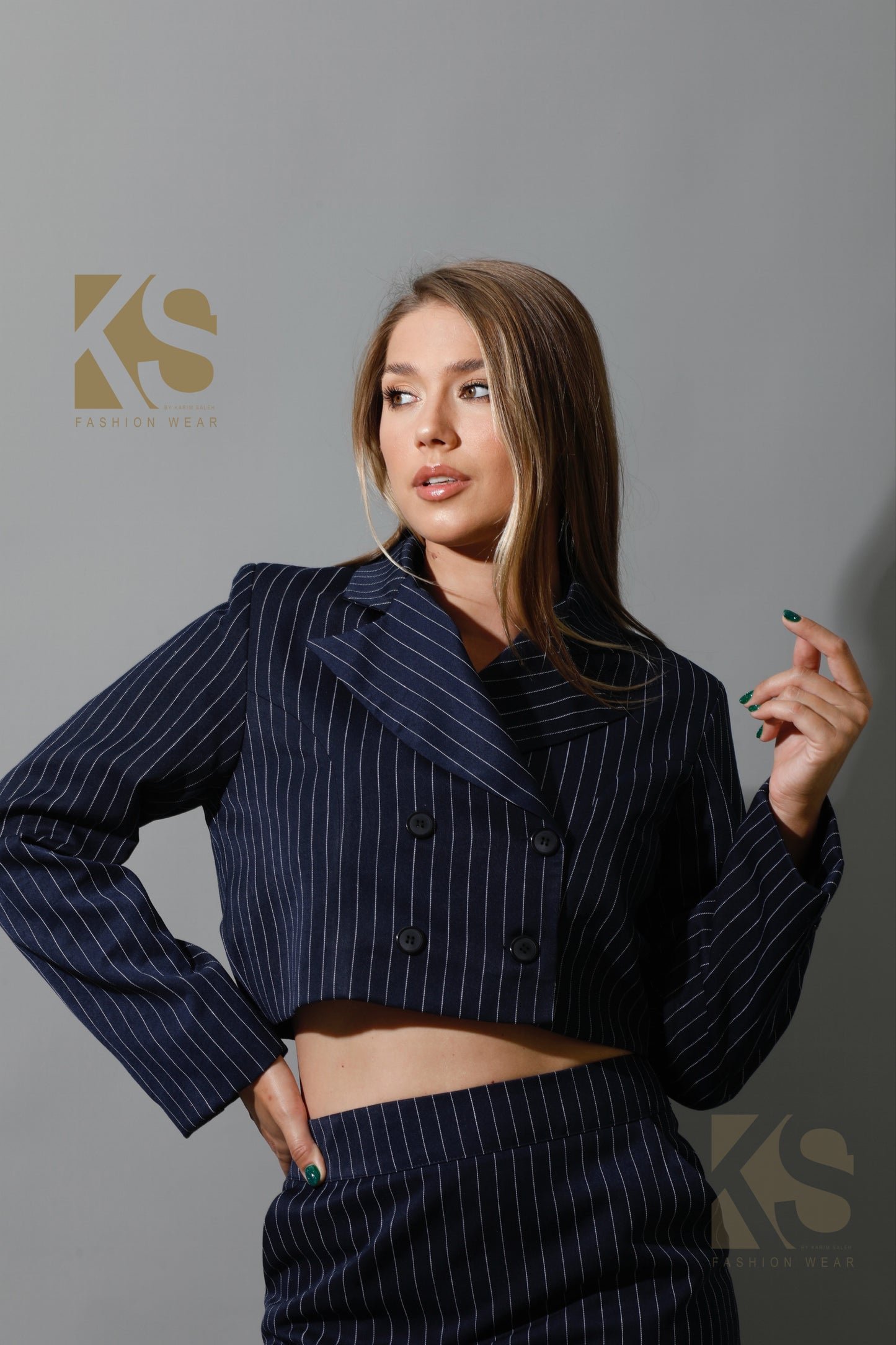 Striped Cropped Blazer, Bra Top & Paper-bag Pants Co-Ord - Navy