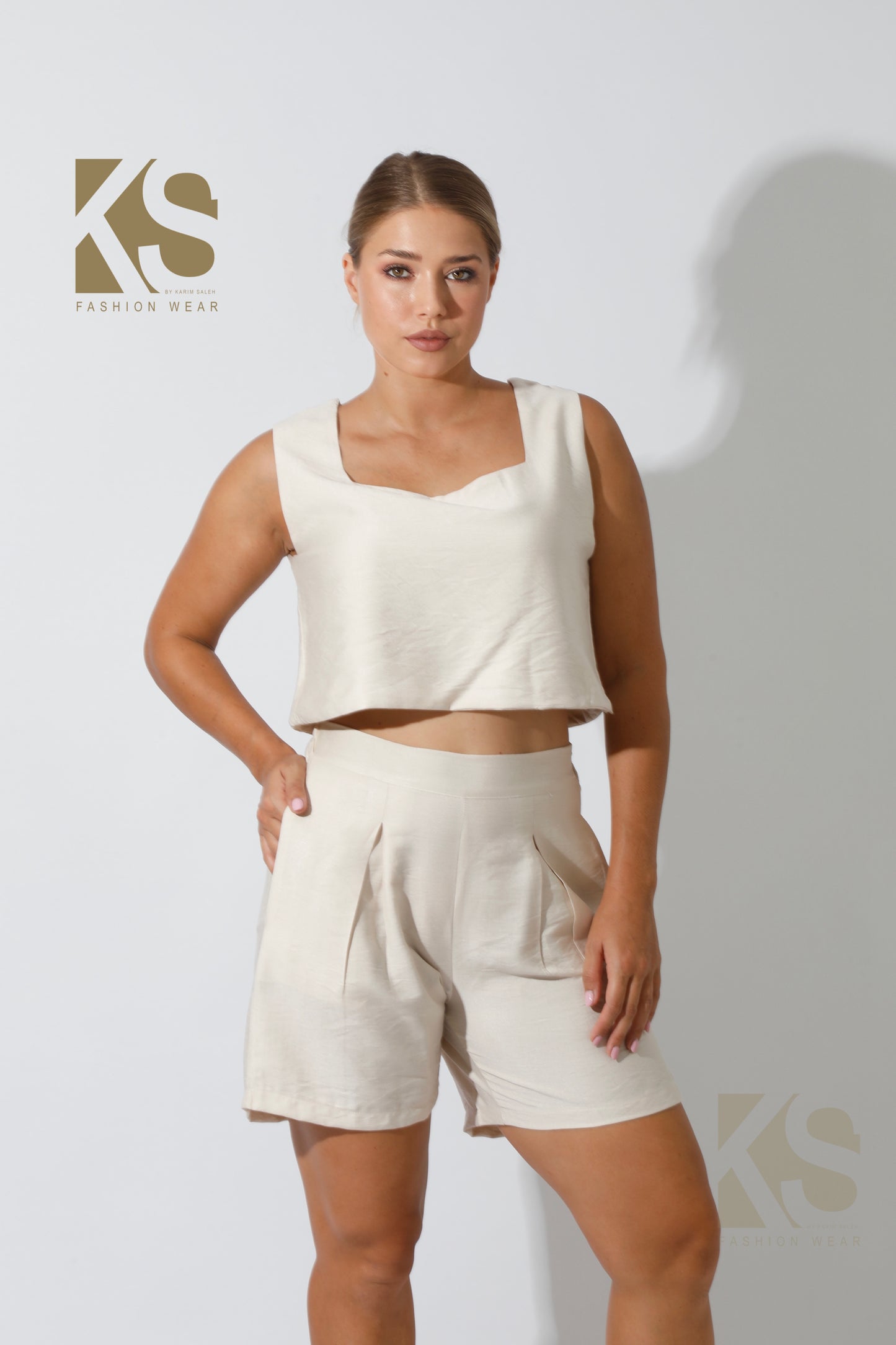 Tank Top & Flared Shorts Set - Beige