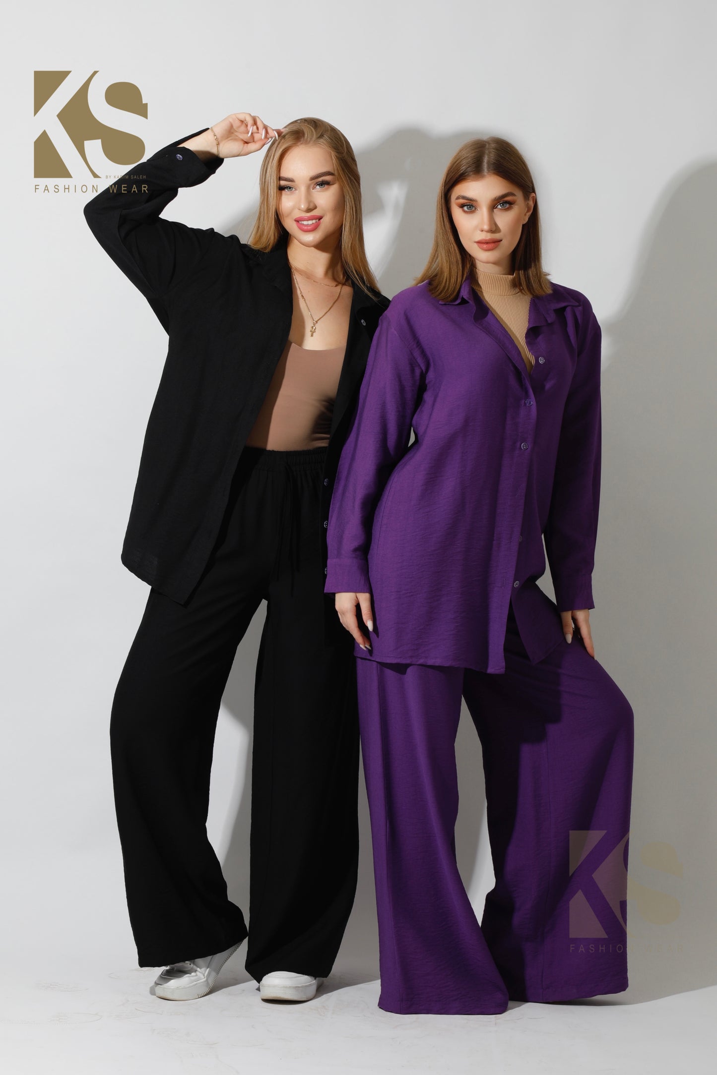 Long Shirt & Wide Leg Trousers Set - Purple