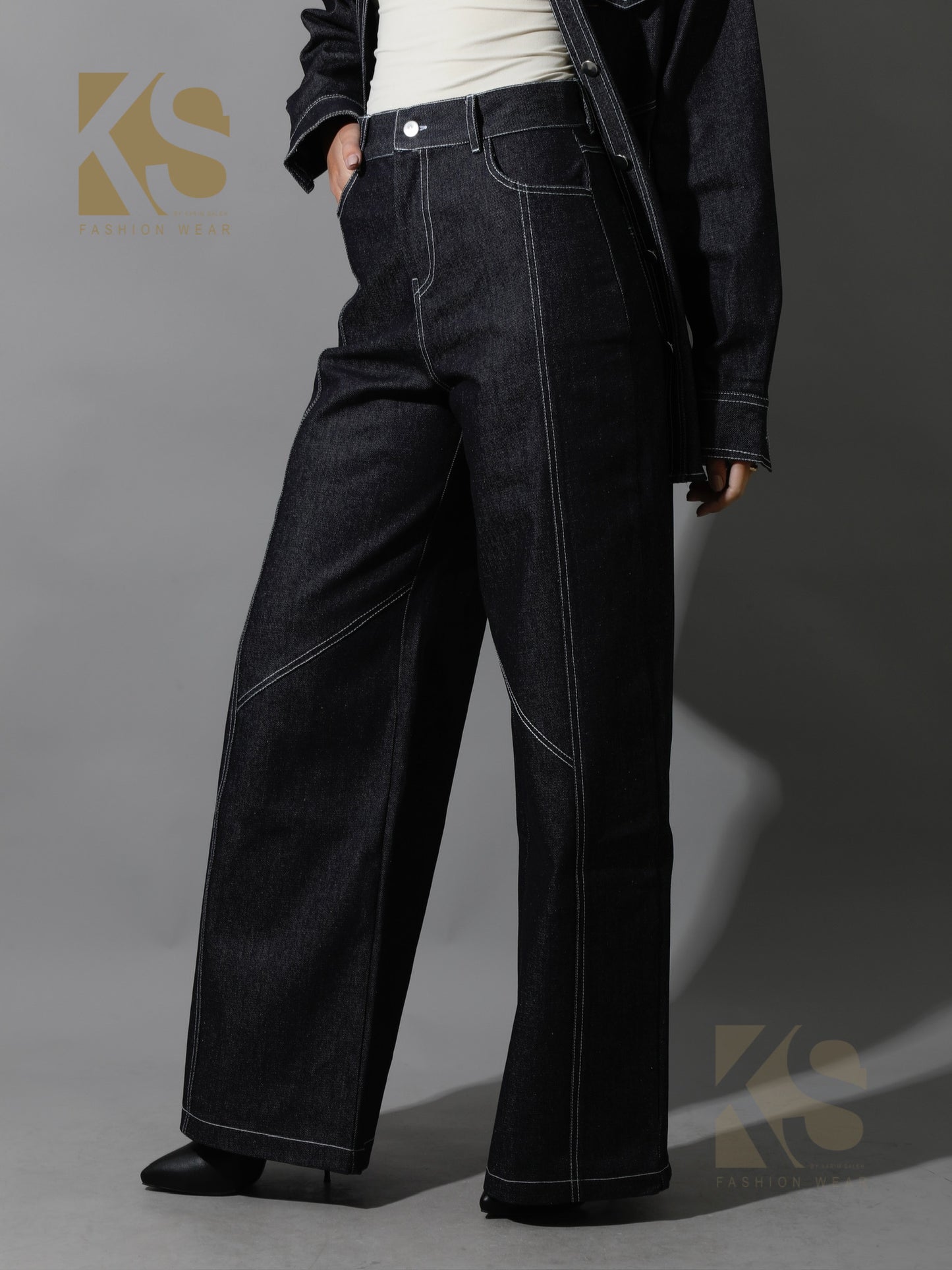 Co-Ord Jeans Cutout Shirt & Cutout Pants - Navy Blue