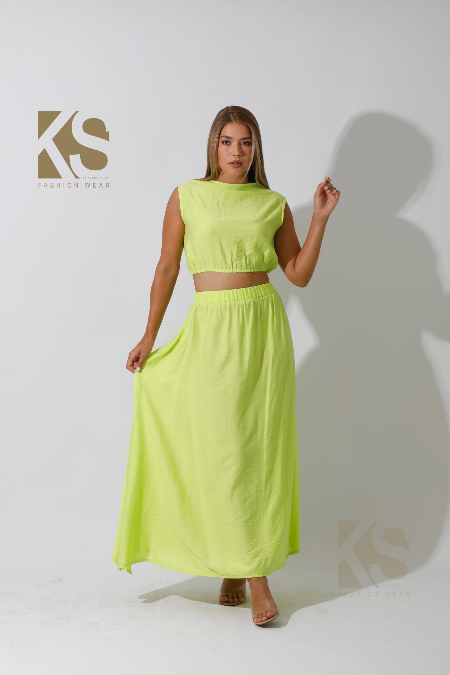 Co-Ord Crop Top & Maxi Side Slite Skirt - Lime Green