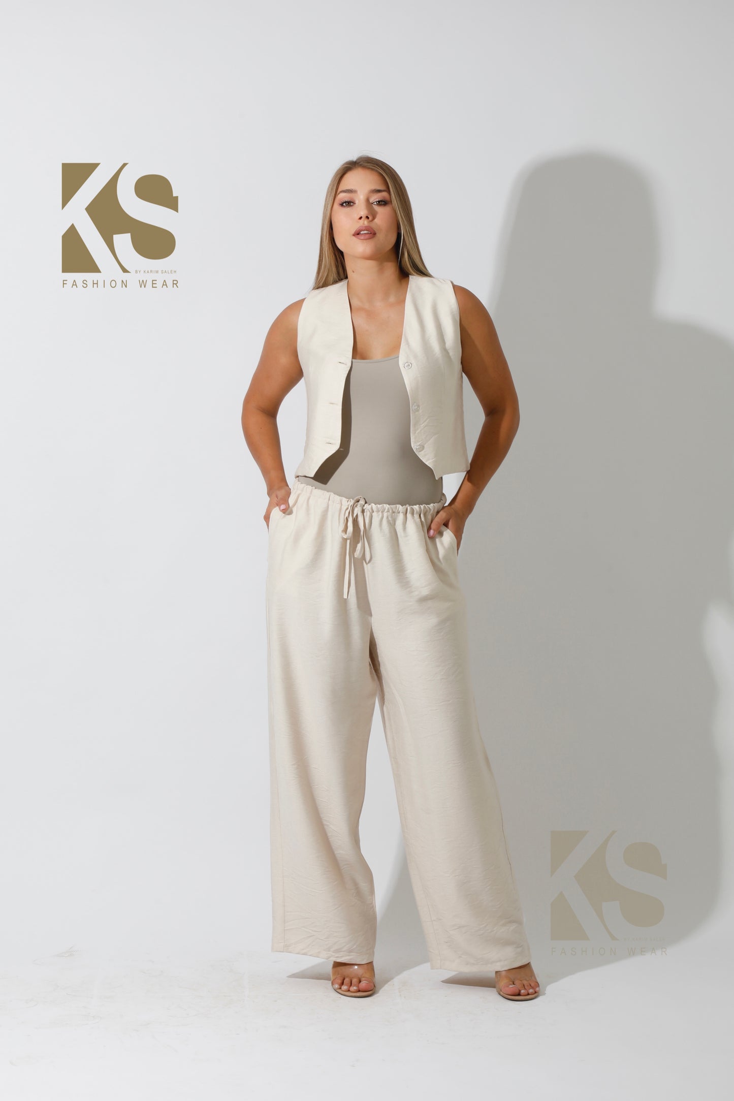 Vest & Lose Tied Pants Set - Beige