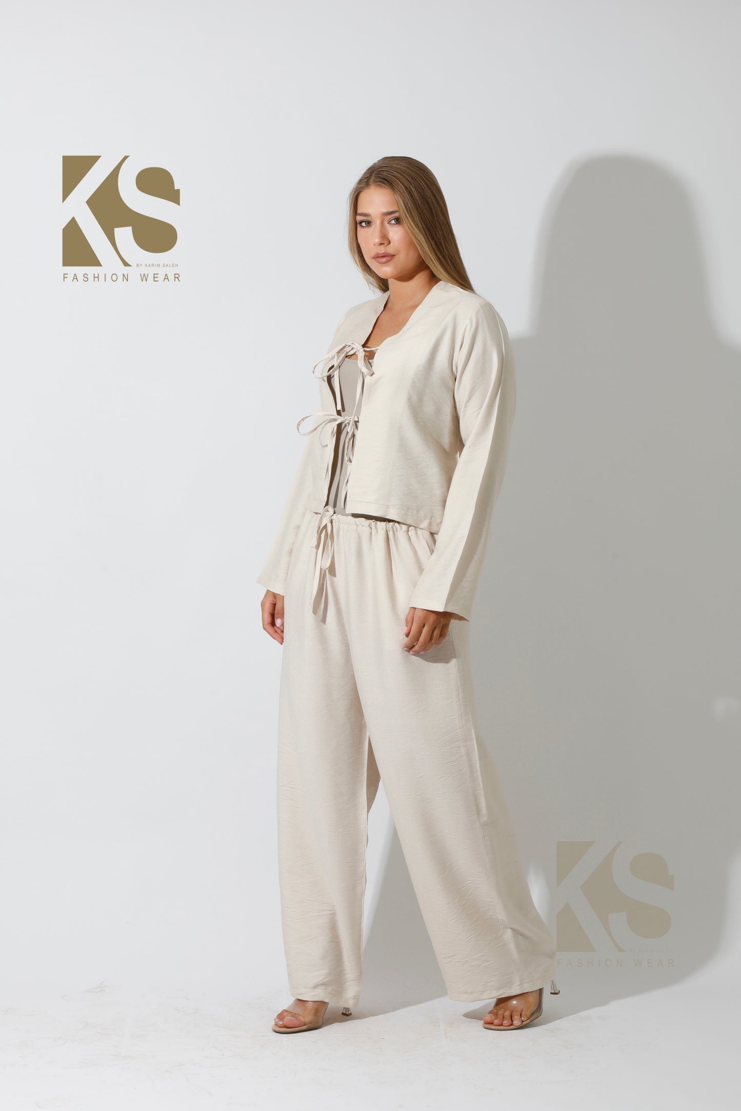 Lose Tied Pants Set - Beige
