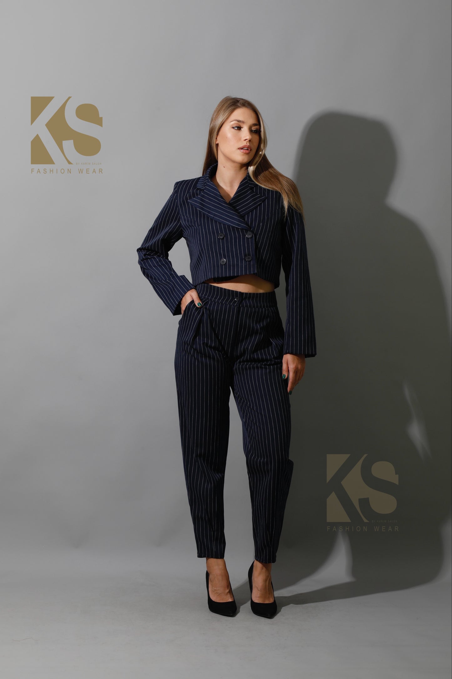 Striped Paper-bag Pants Co-Ord - Navy
