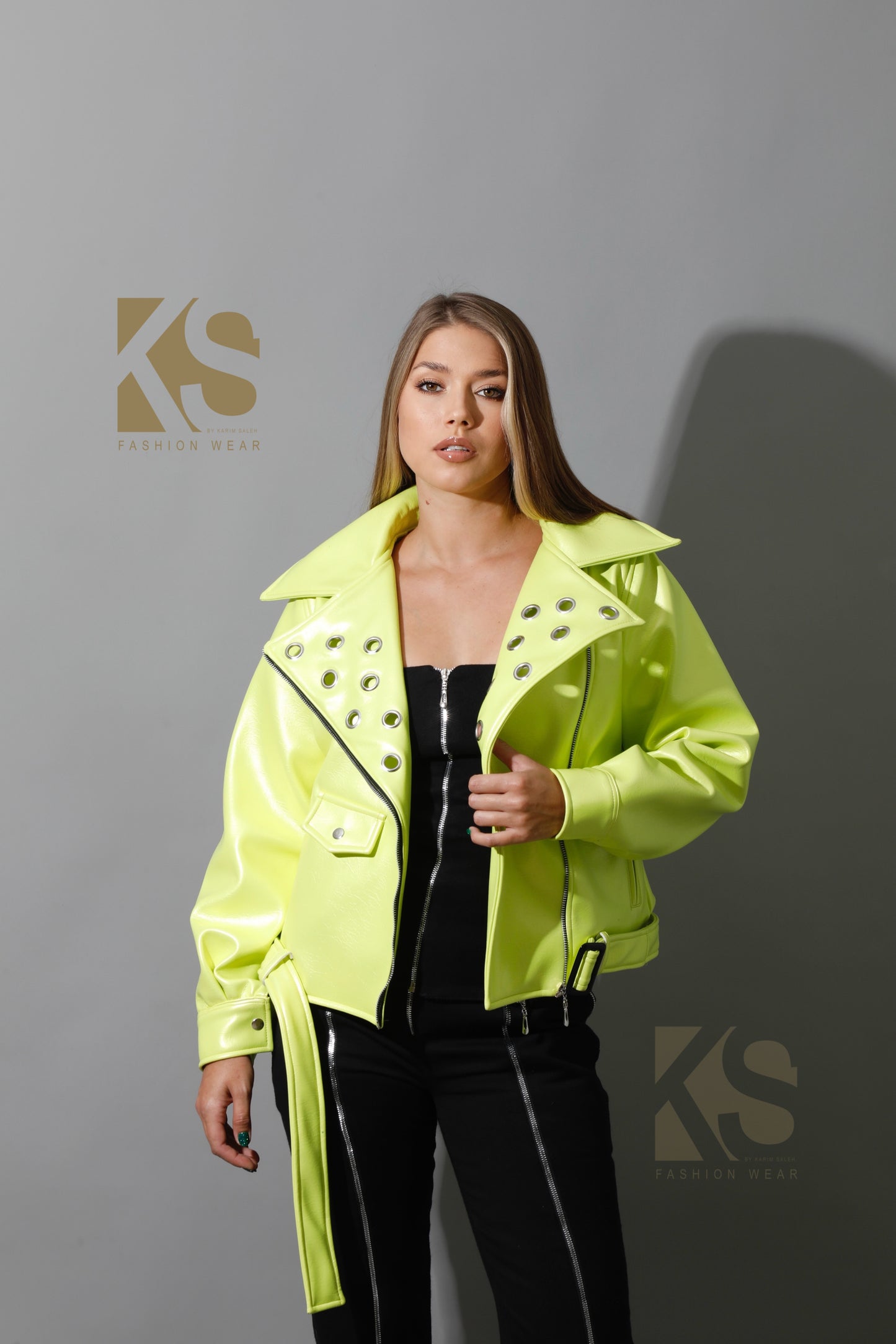 Textured Leather Biker Jacket - Lime Green