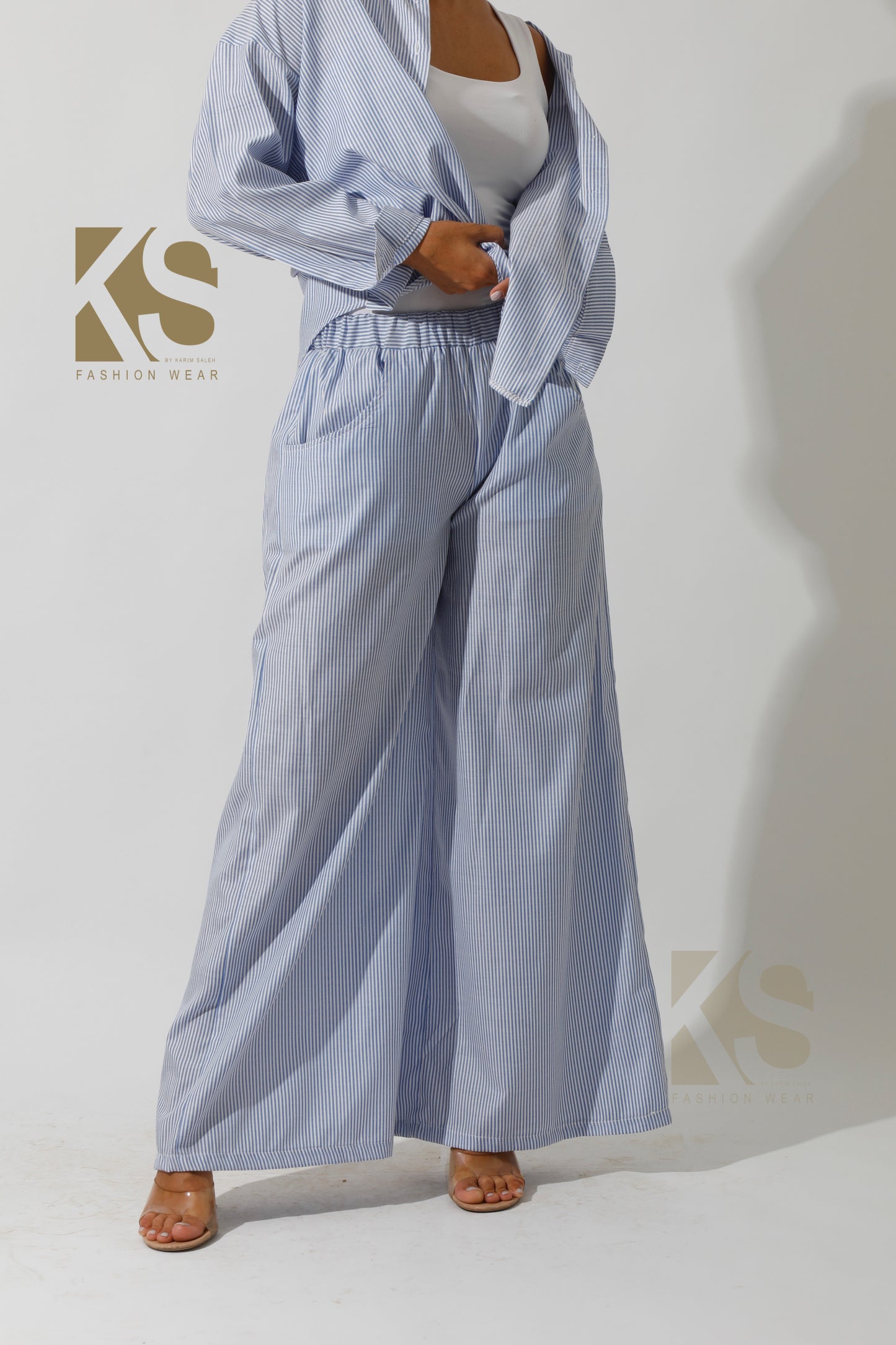 Co-Ord Wide Leg trousers & Lose Shirt Striped - Striped Blue