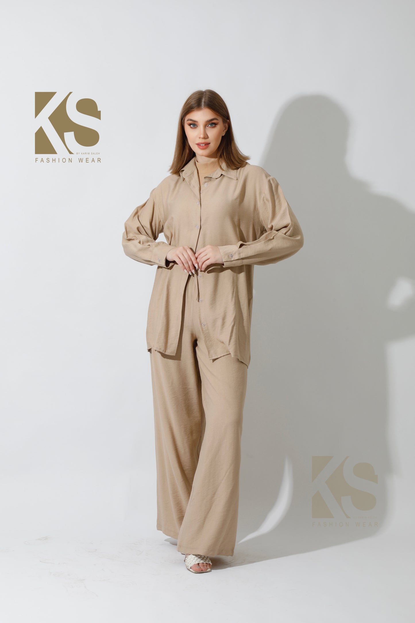 Co-Ord Long Sleeve Shirt & Wide Leg Trousers - Beige