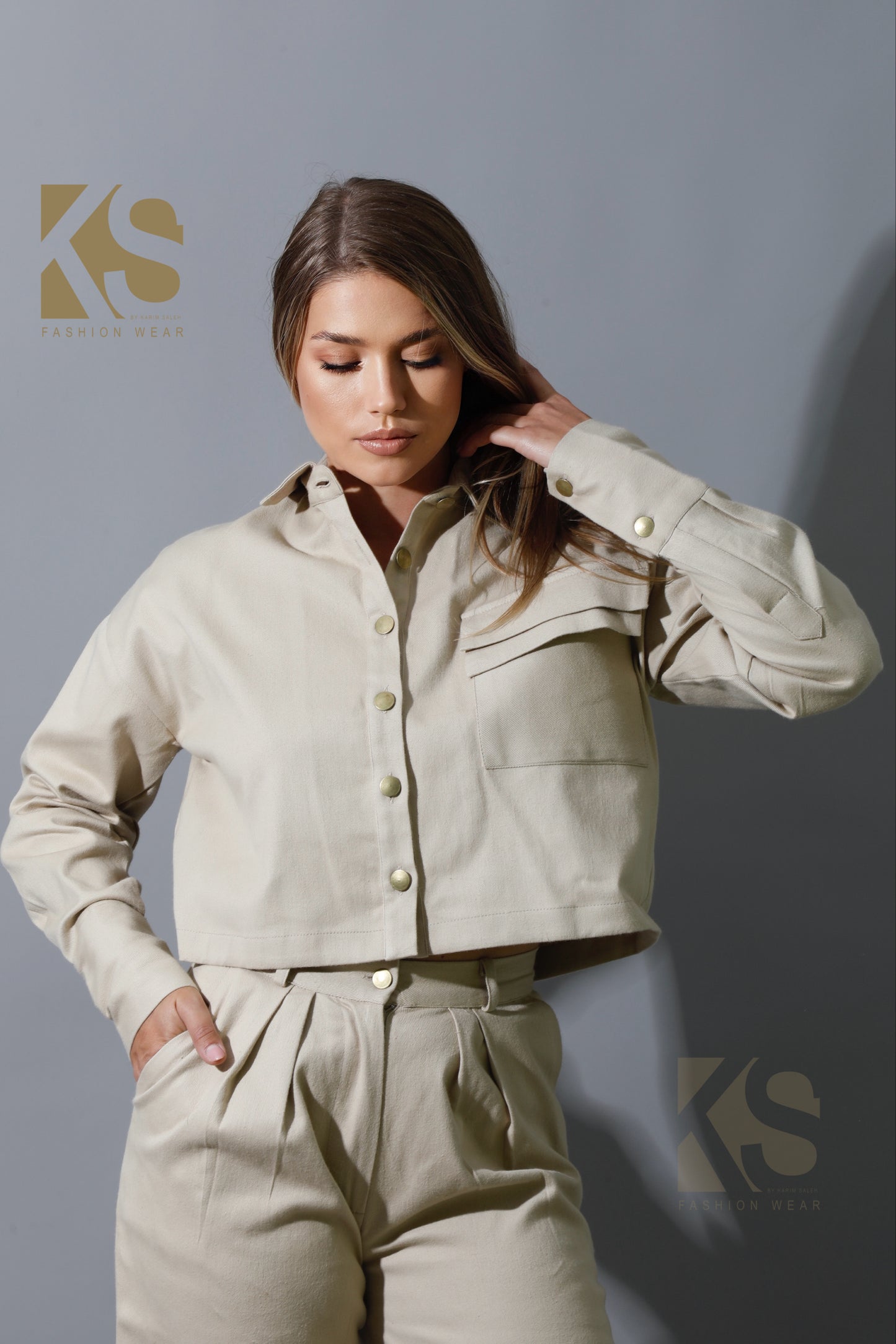Co-ord Pleated Wide Leg Pants & Cropped Shirt - Beige