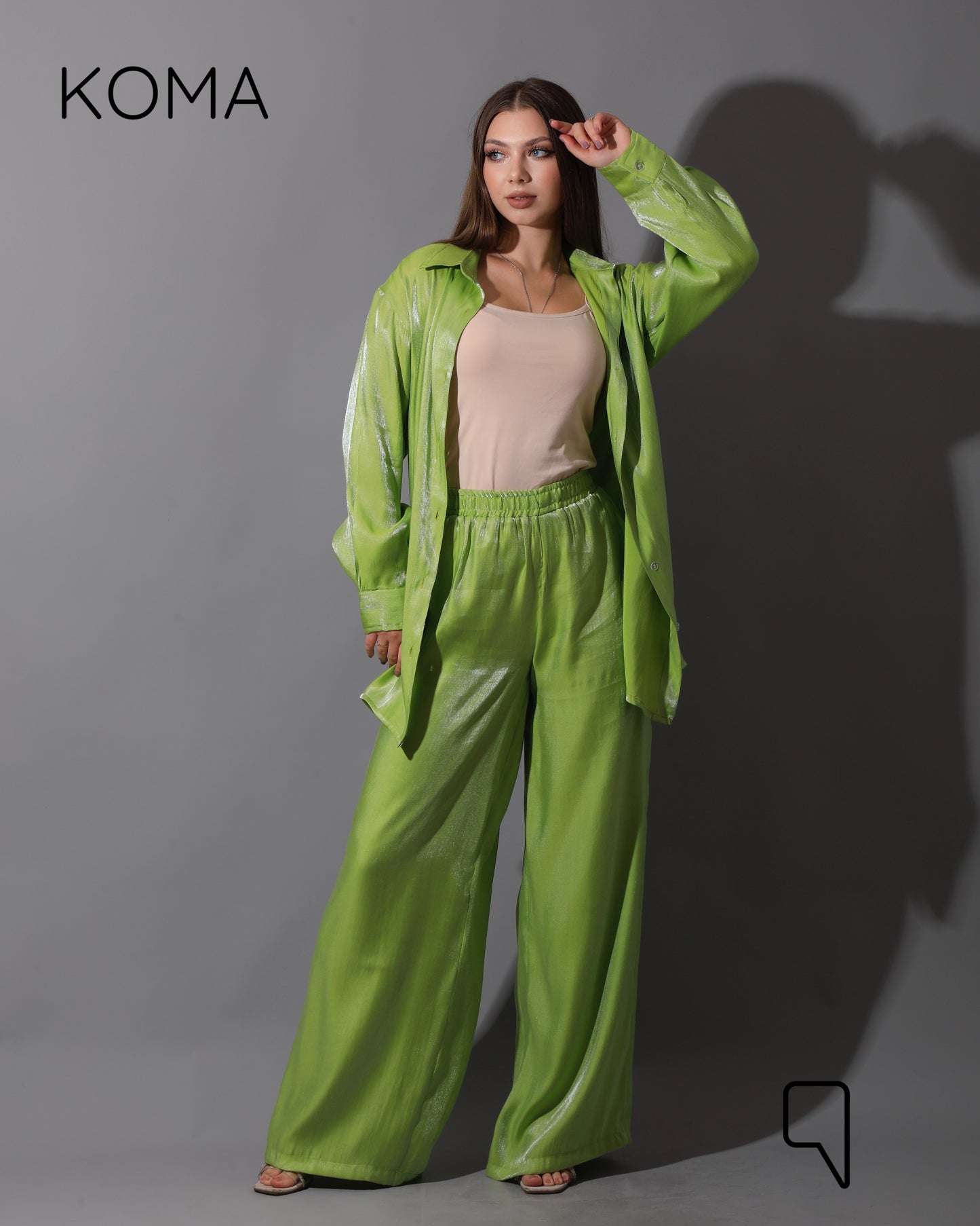 Shemer Long Shirt & Wide Leg Trousers Set - Lime Green