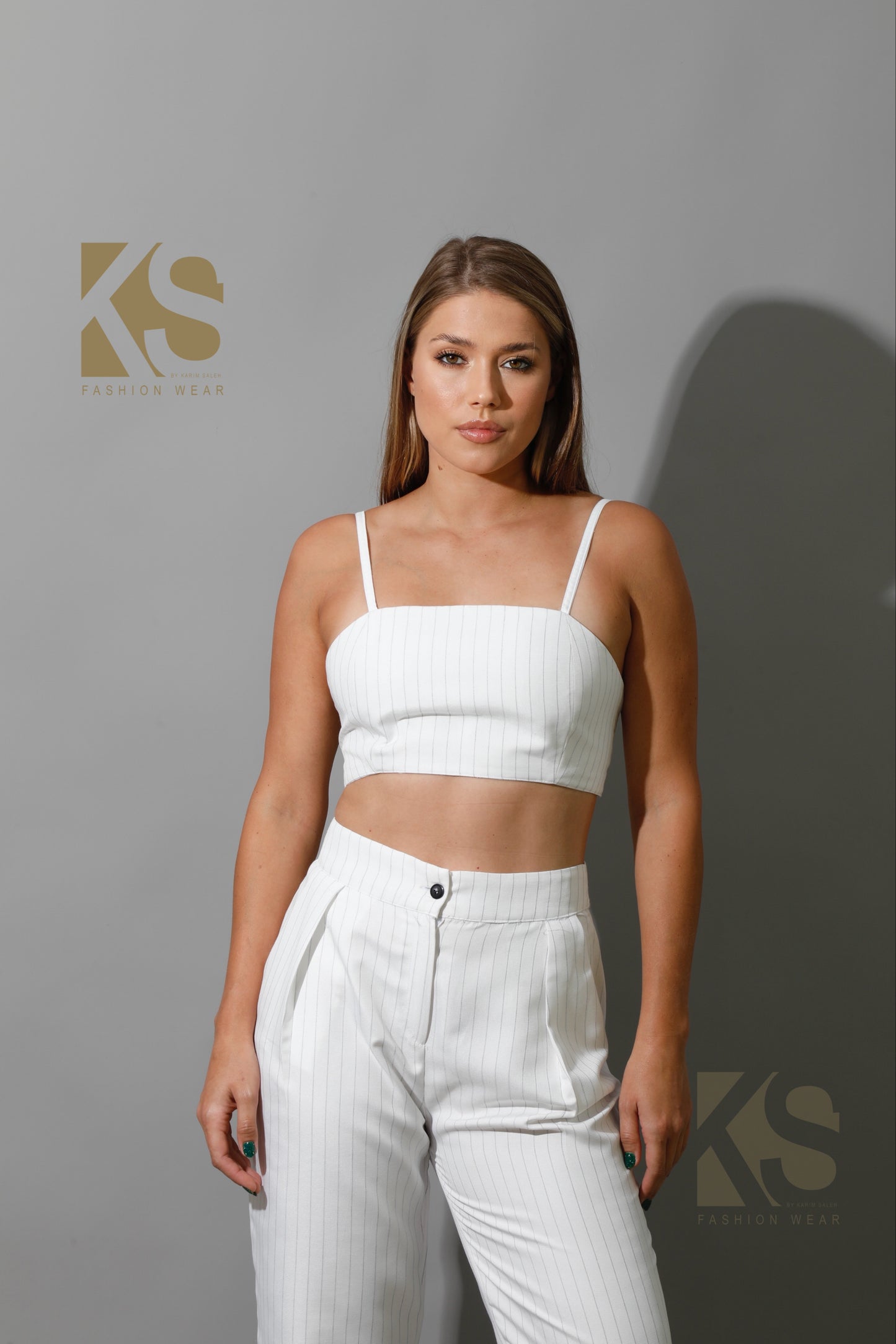Striped Paper-bag Pants Co-Ord - White