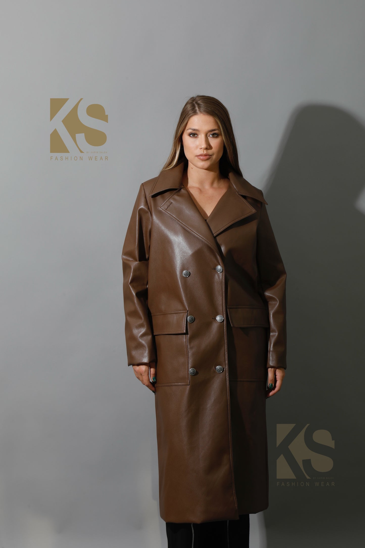 Textured Leather Coat - Brown