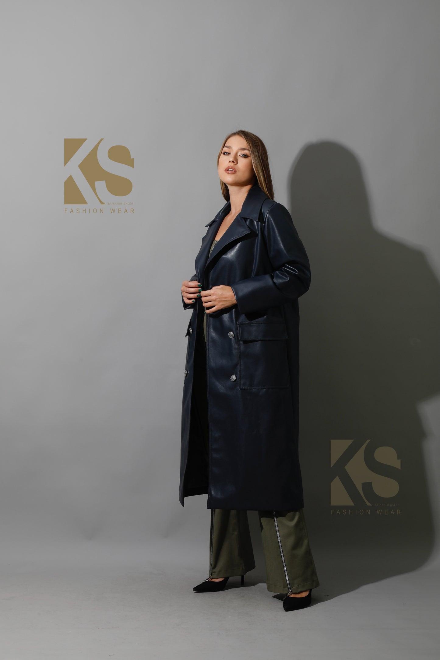 Textured Leather Coat - Navy
