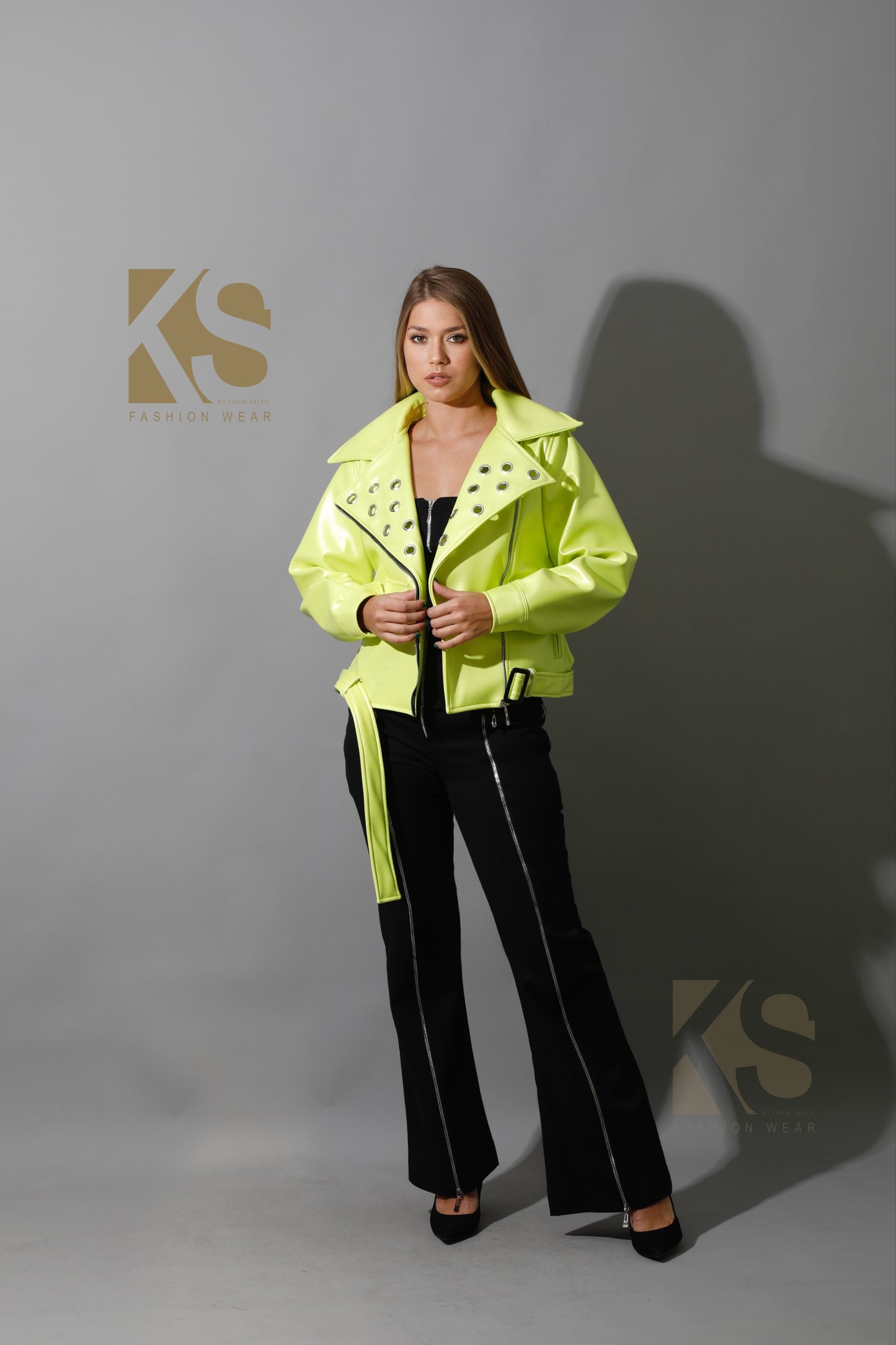 Textured Leather Biker Jacket - Lime Green