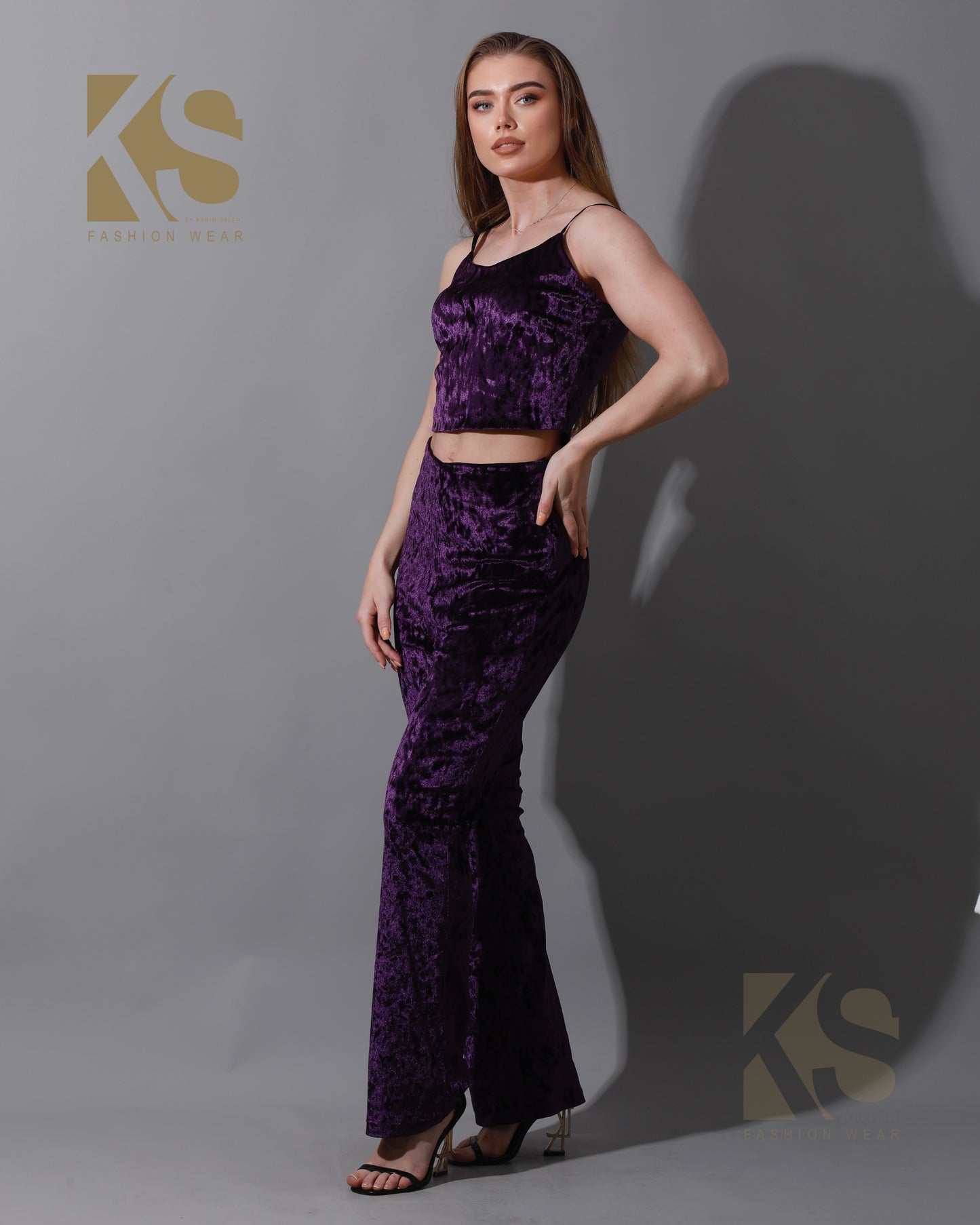 Velvet Crop Top & Bootcut Trousers Set - Purple