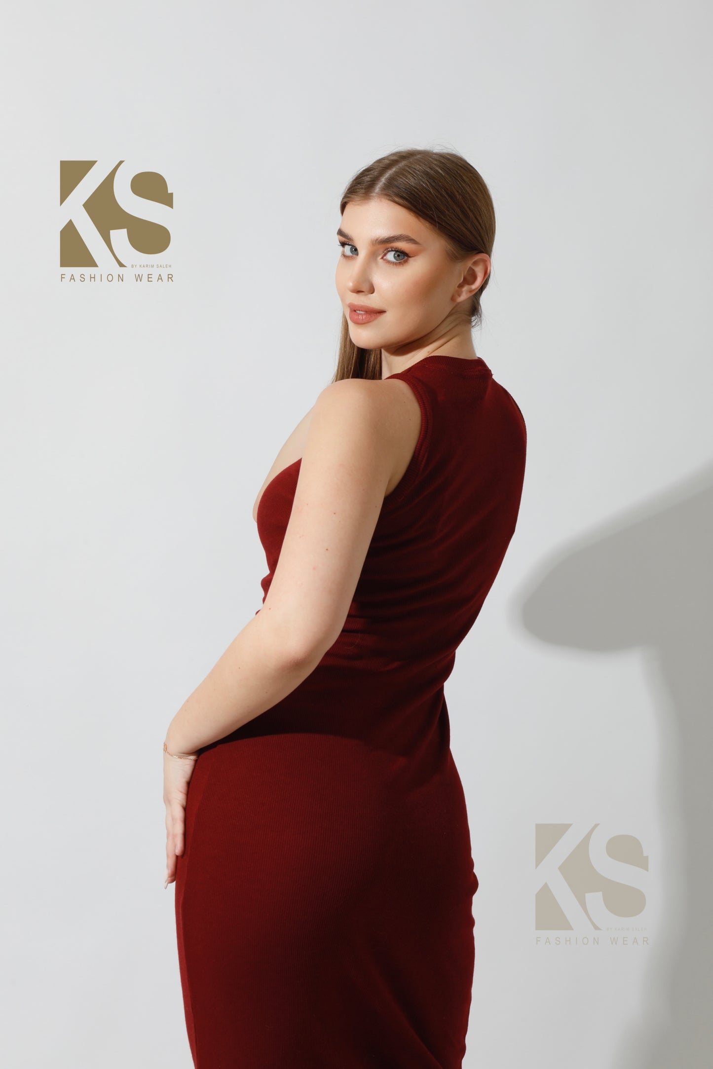Slinky High Neck Midi Sleeveless Dress - Maroon