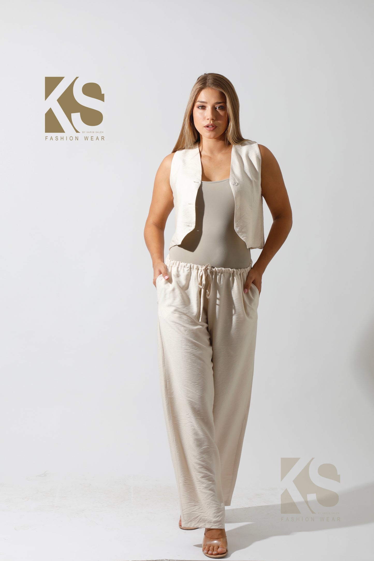 Vest & Lose Tied Pants Set - Beige