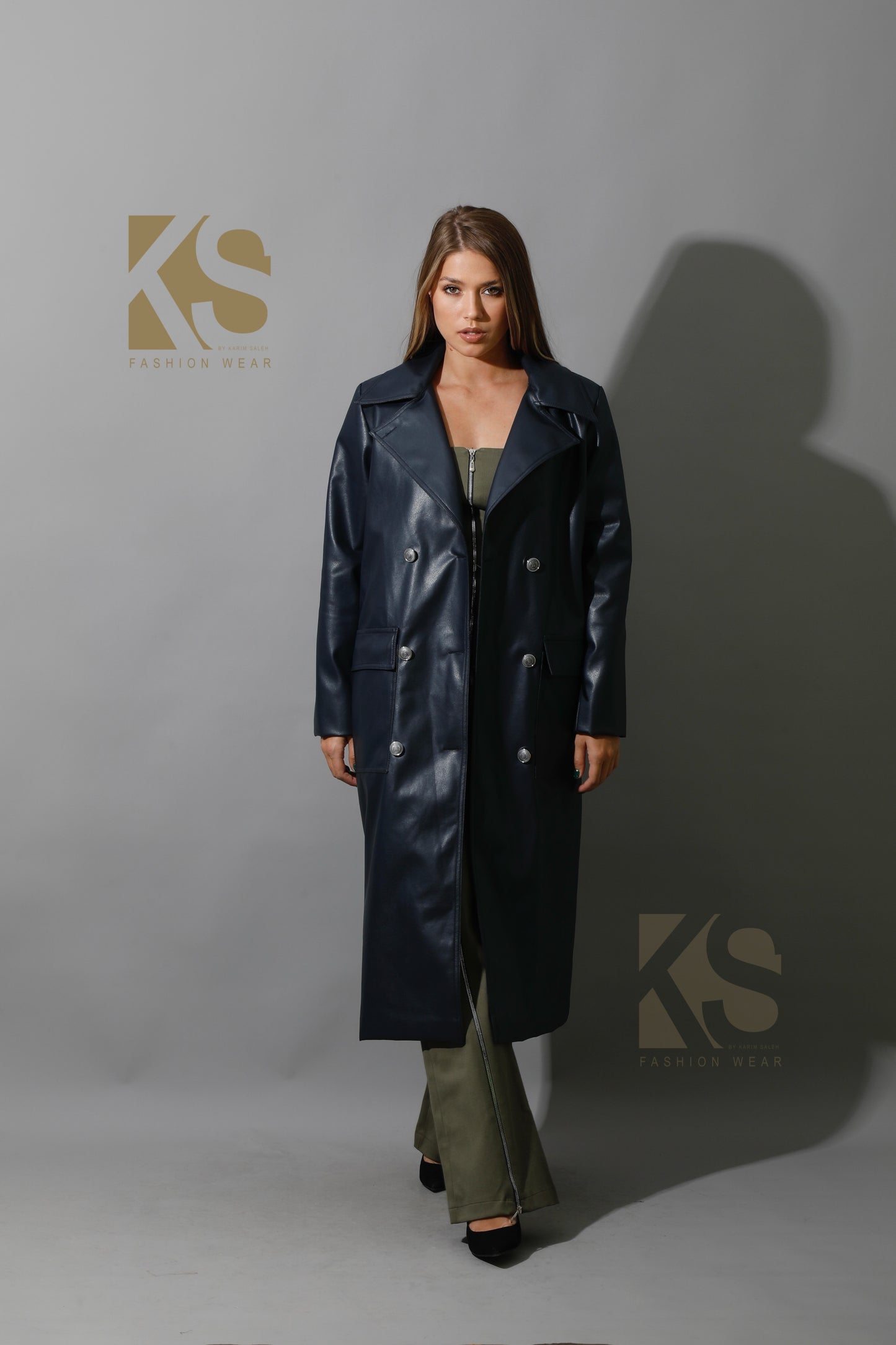 Textured Leather Coat - Navy