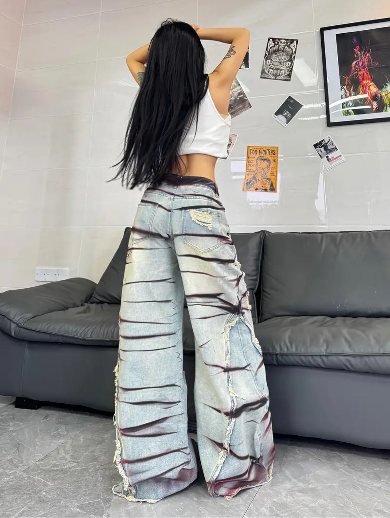 Gaia High-Wasted Distressed Wide Leg Trousers - Multicolored