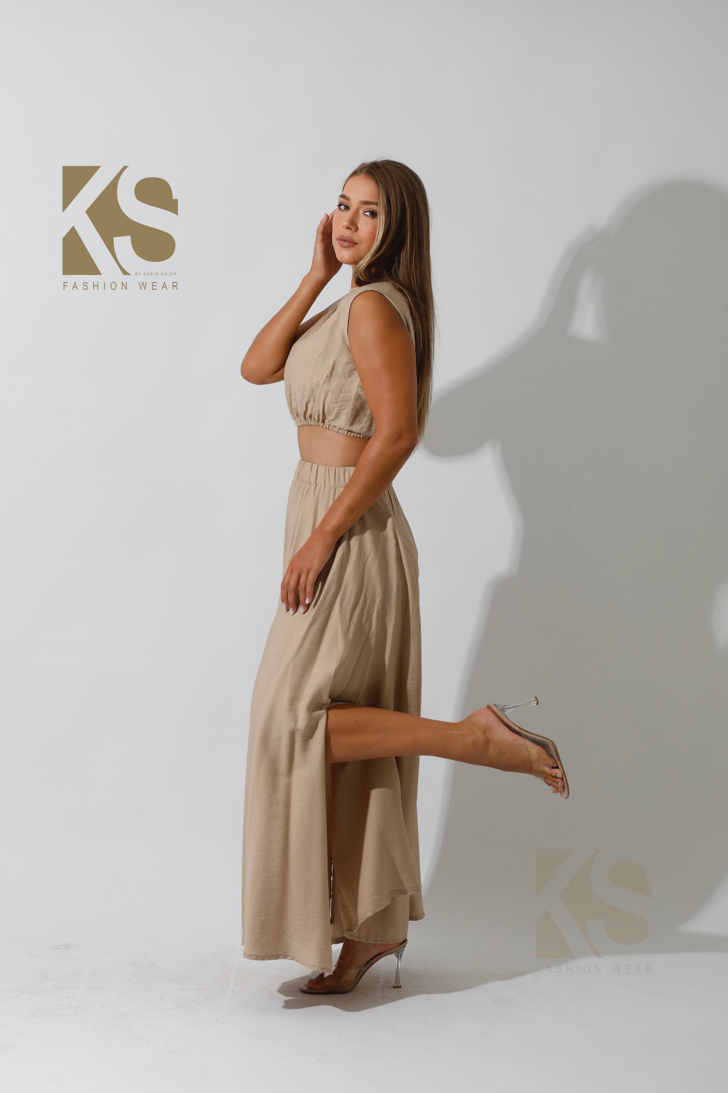 Maxi Side Slite Skirt Set - Beige