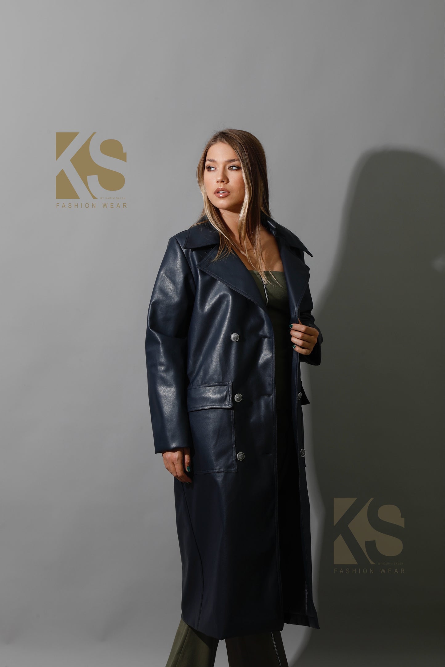 Textured Leather Coat - Navy