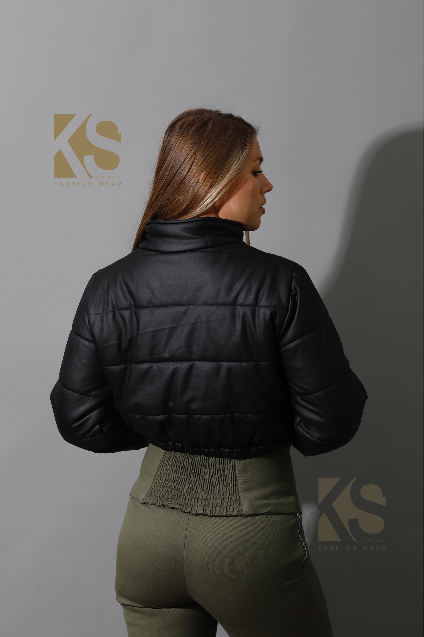 Leather Puffer Cropped Jacket - Black