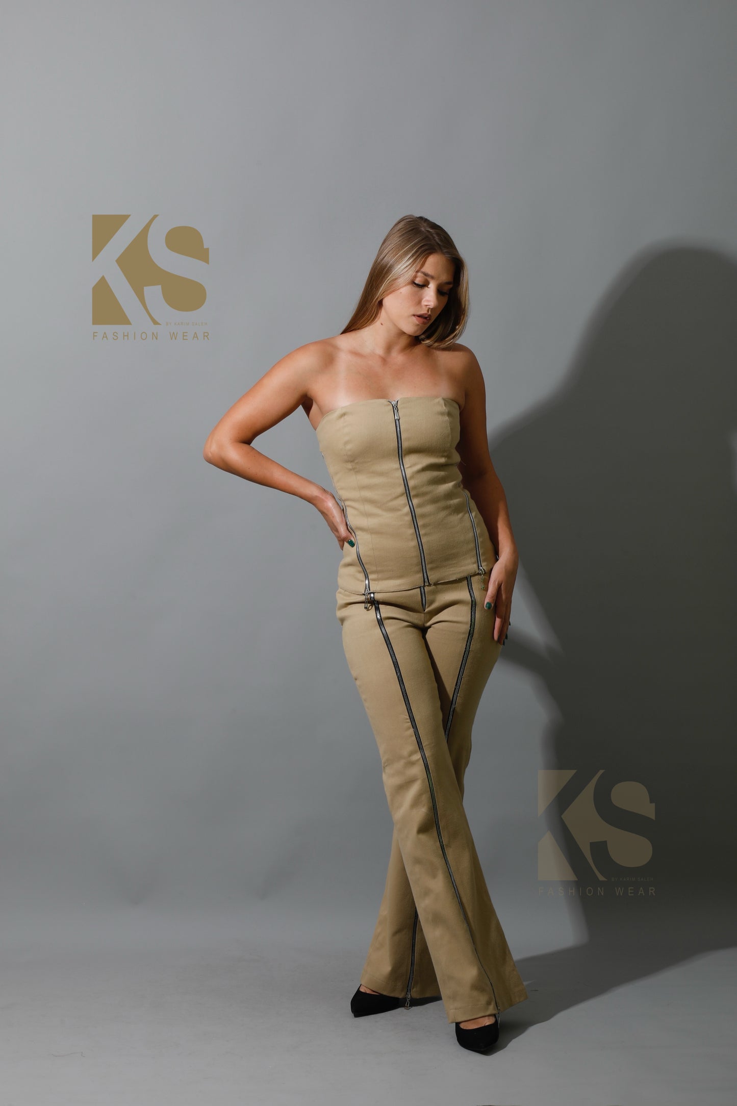 Co-Ord Some Protel Top & BootCut pants - Beige