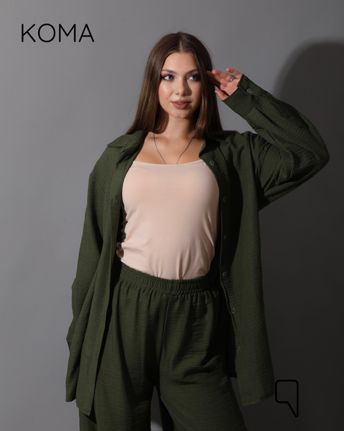Co-Ord Lenin Long Sleeve Shirt & Wide Leg Trousers - Olive
