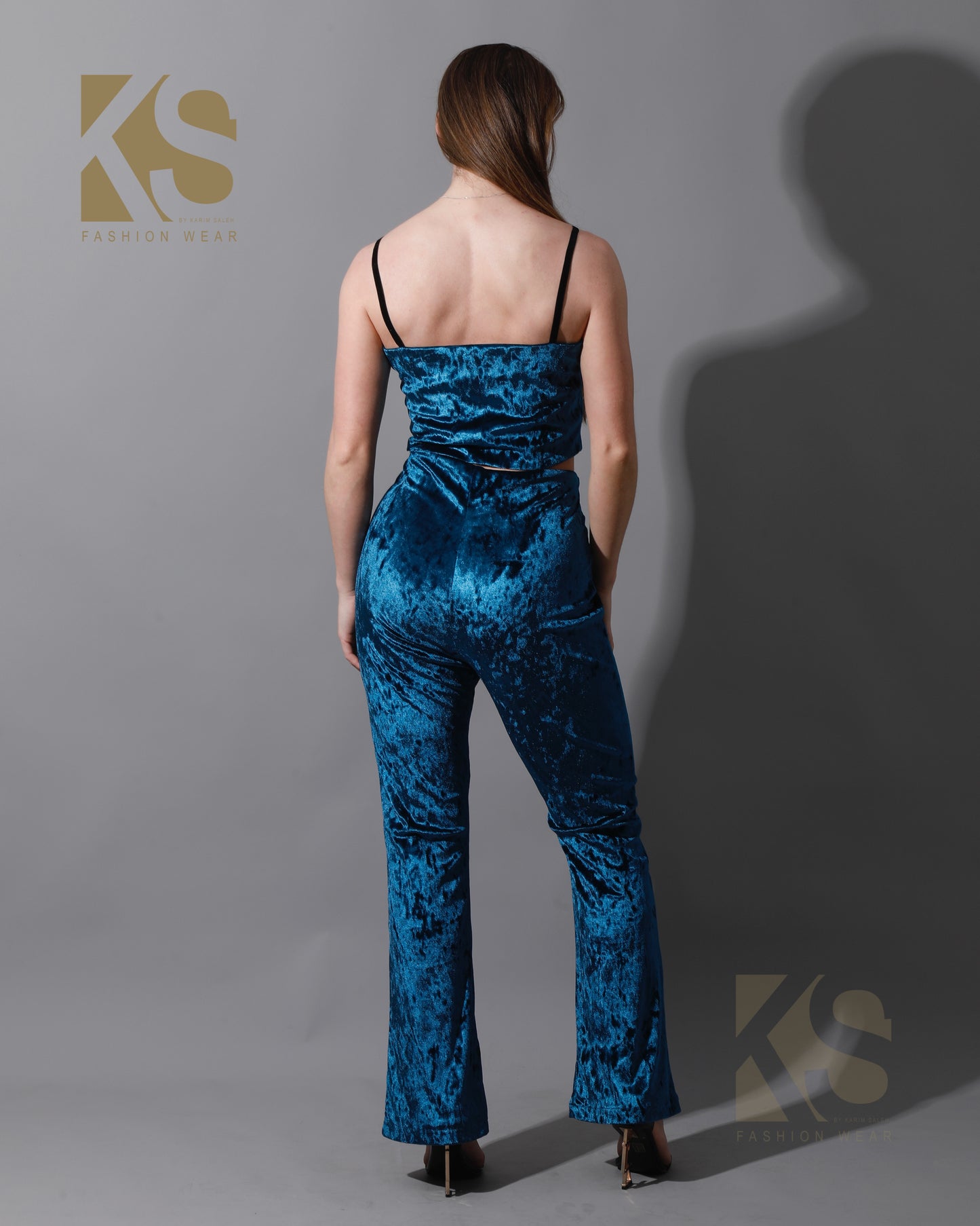 Velvet Crop Top & Bootcut Trousers Set - Petrol