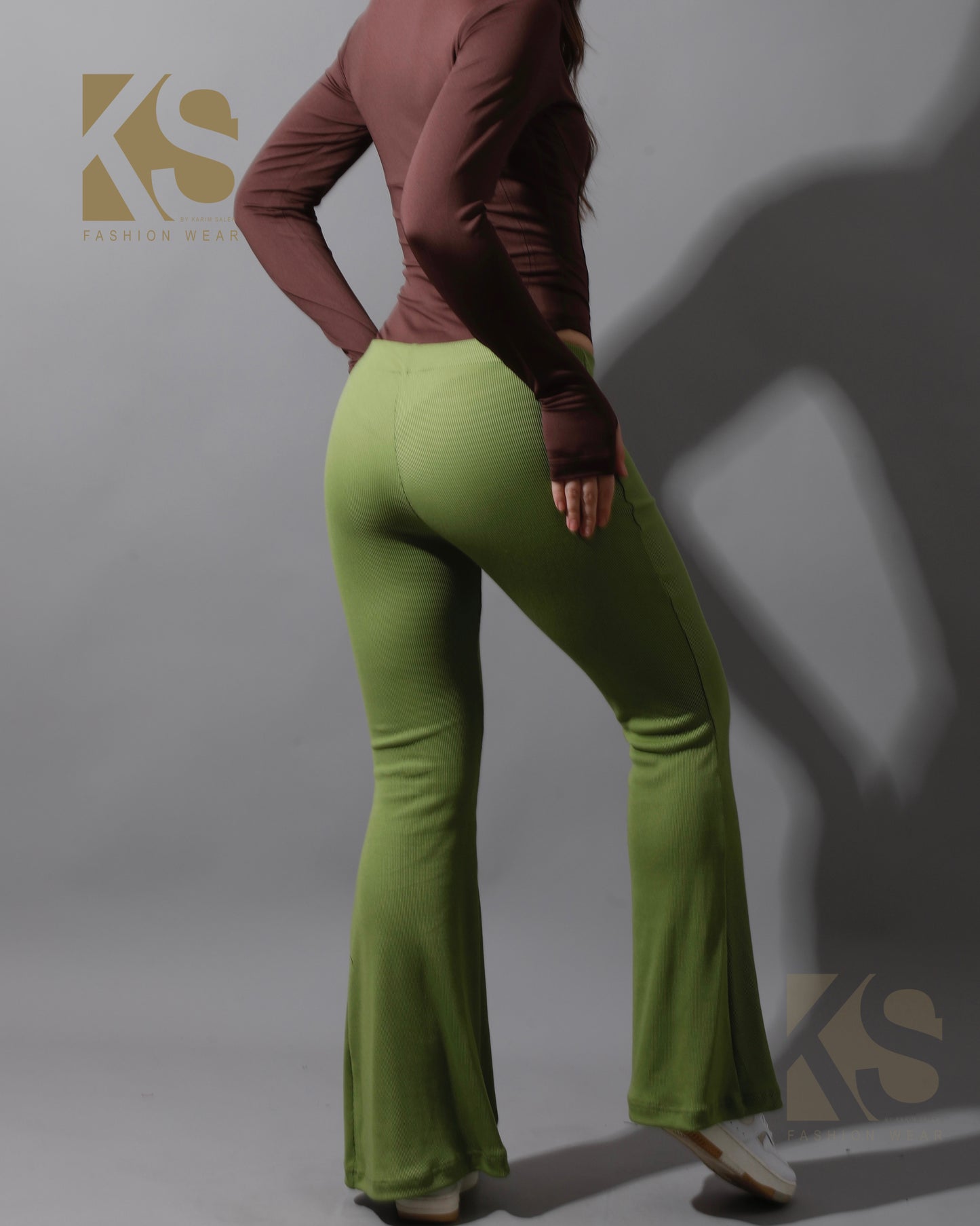 Slinky Flared Trousers - Kiwi Green