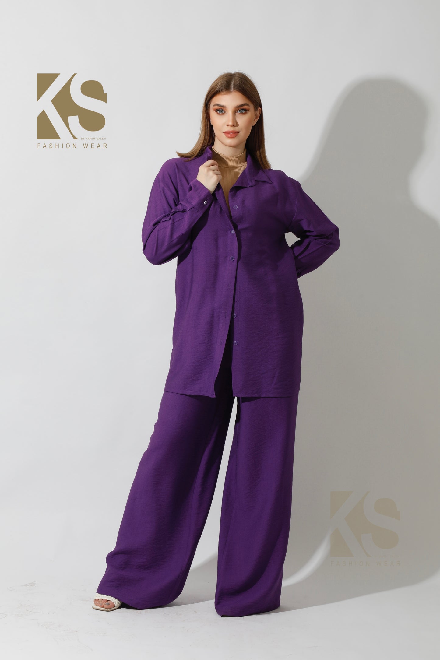 Long Shirt & Wide Leg Trousers Set - Purple