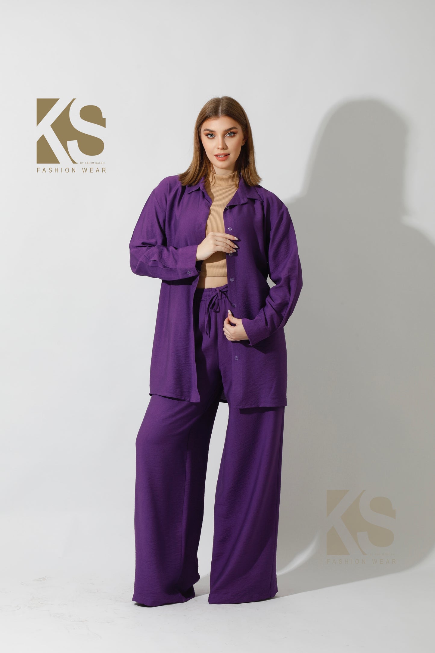 Long Shirt & Wide Leg Trousers Set - Purple