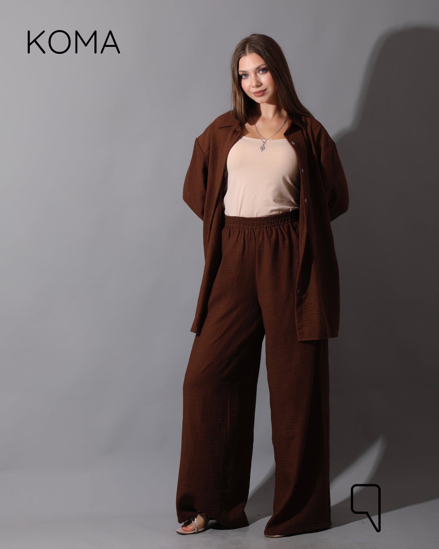 Co-Ord Lenin Long Sleeve Shirt & Wide Leg Trousers - Brown