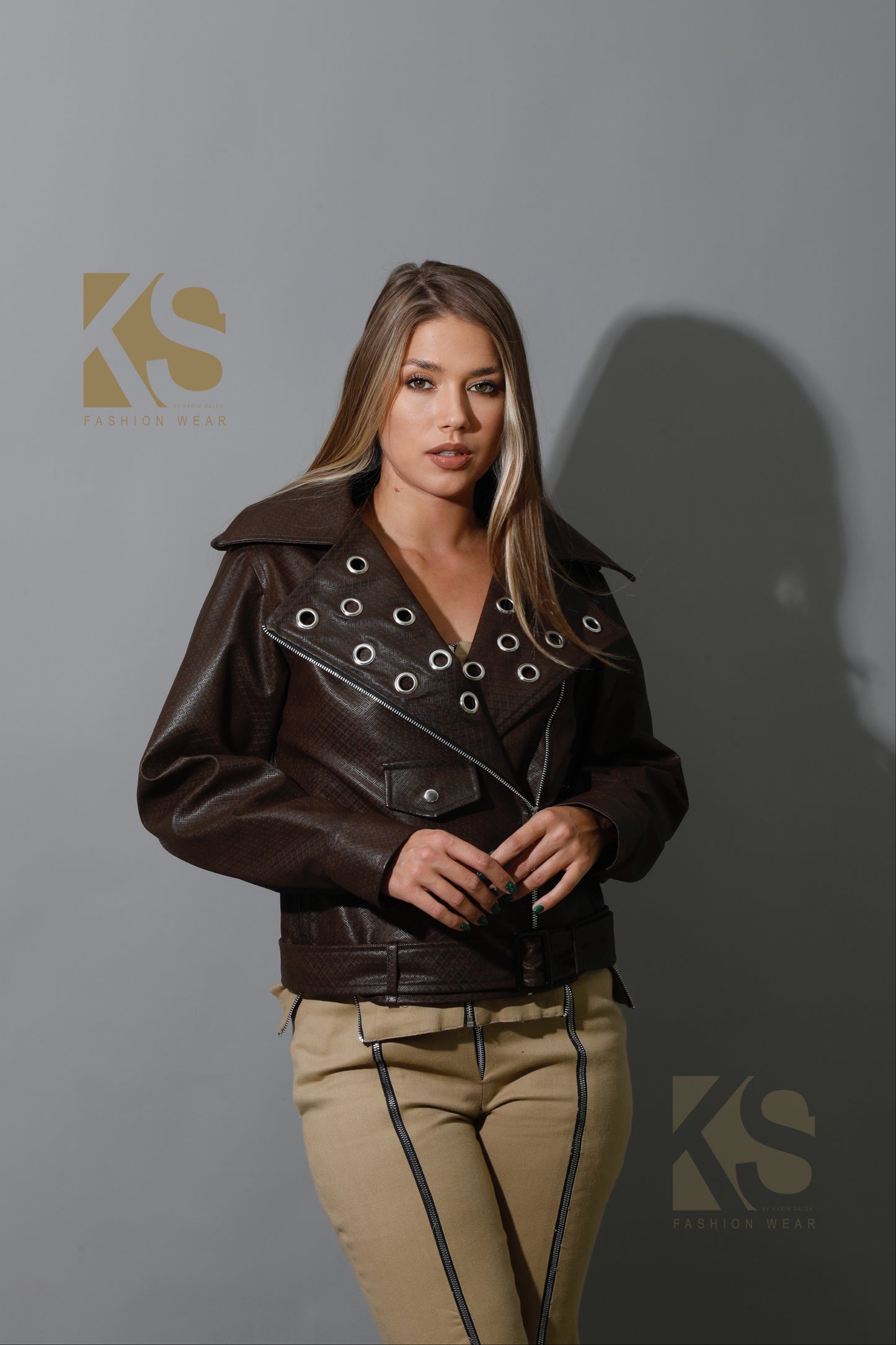 Textured Leather Biker Jacket - Brown