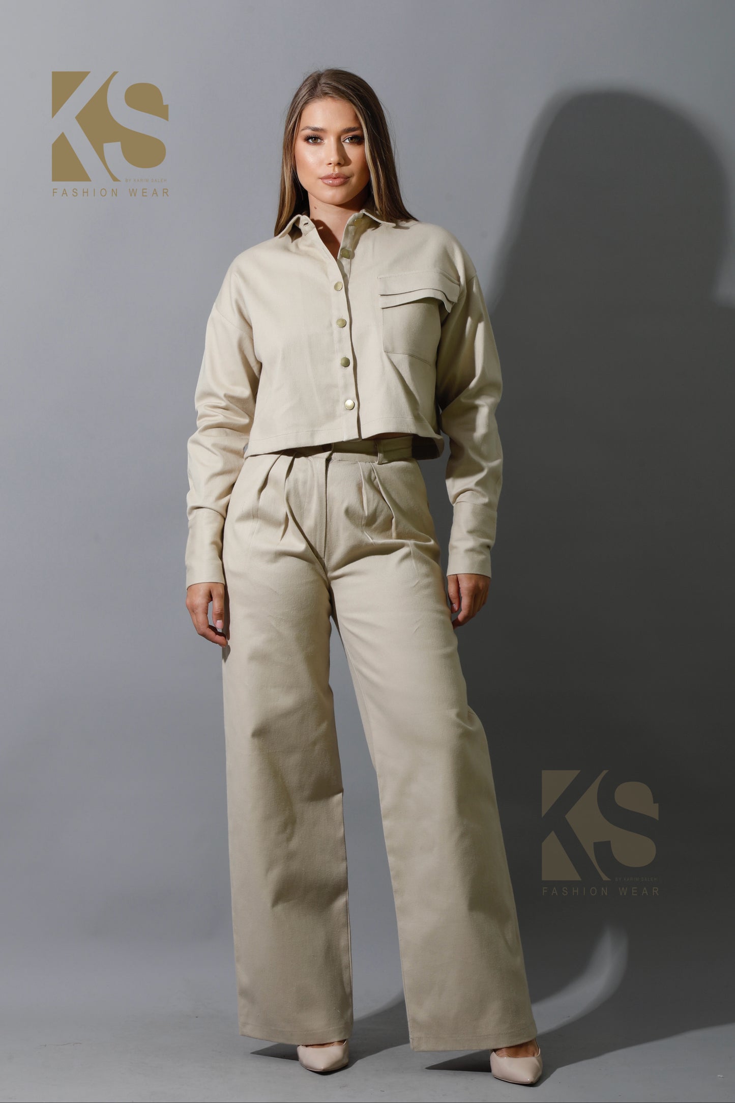 Co-ord Pleated Wide Leg Pants & Cropped Shirt - Beige