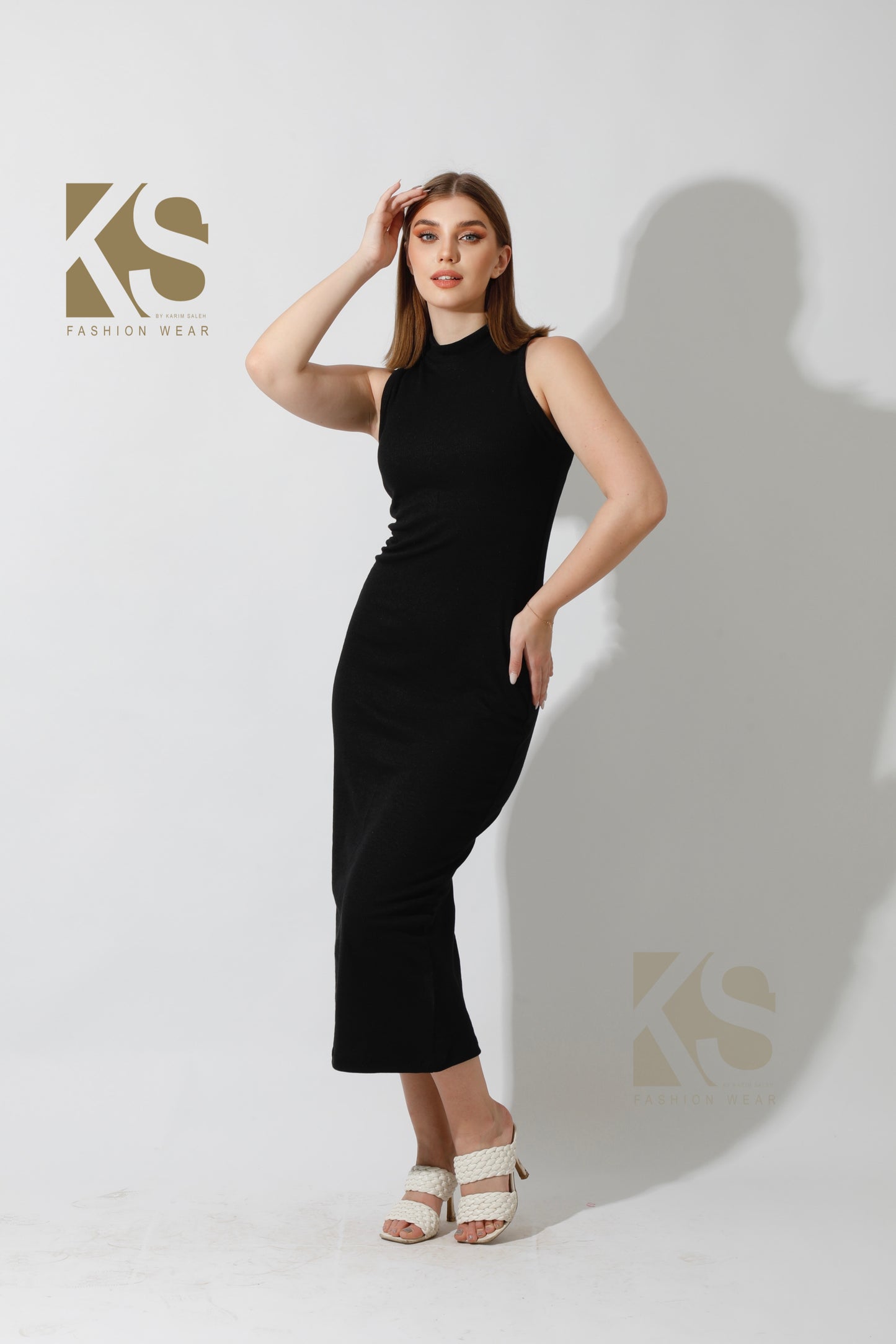 Slinky High Neck Midi Sleeveless Dress - Black