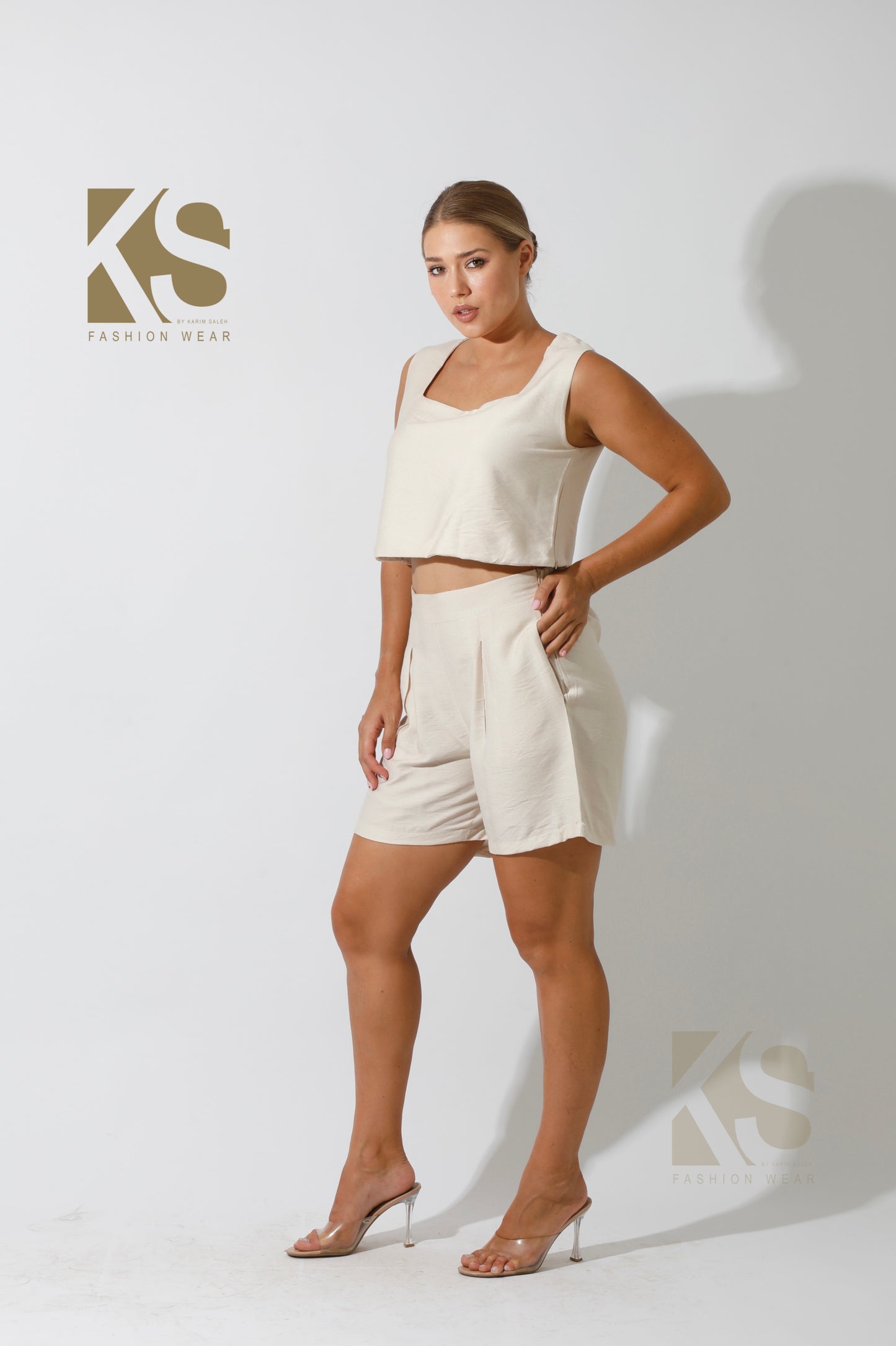 Tank Top & Flared Shorts Set - Beige