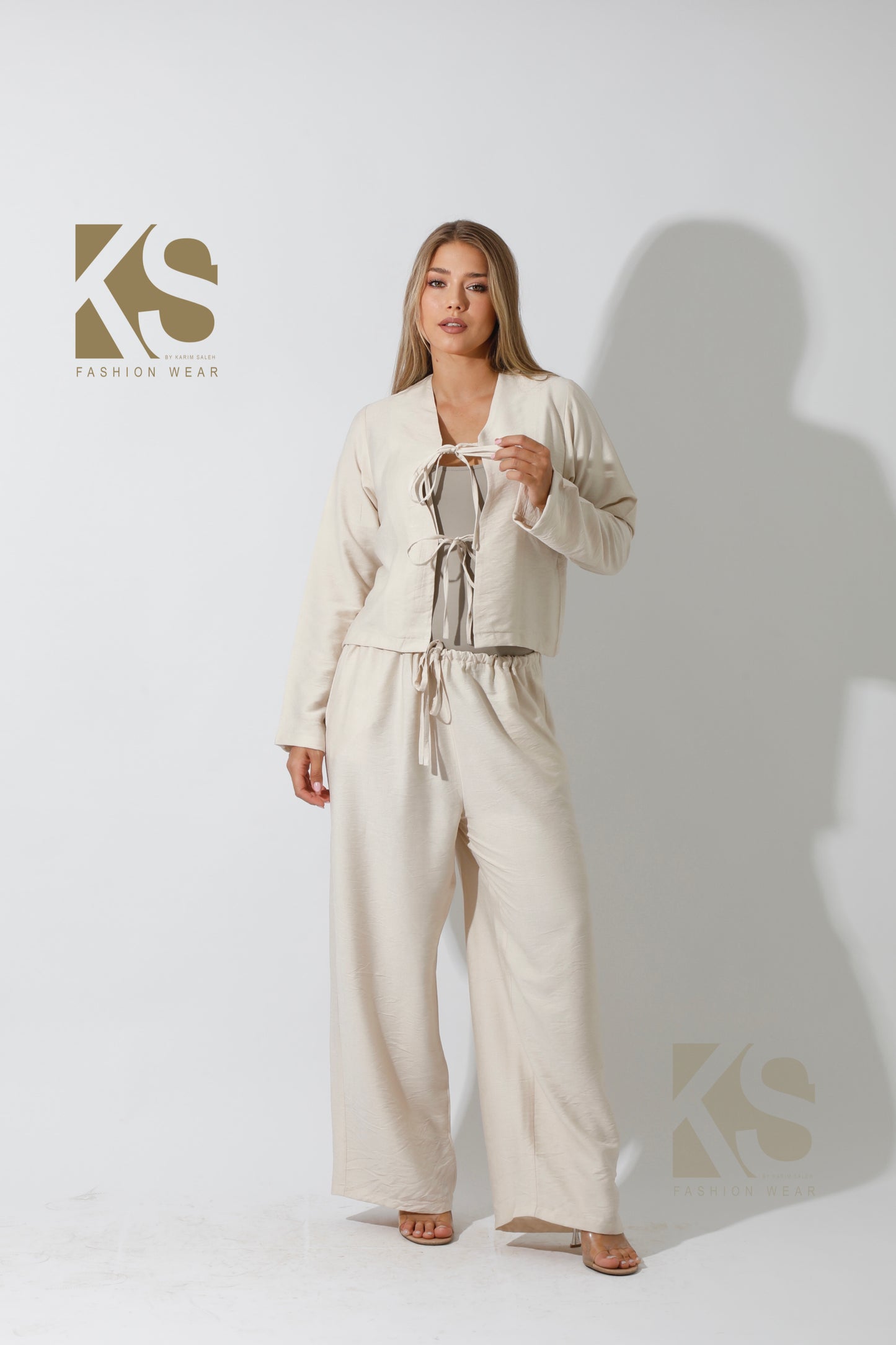 Lose Tied Pants Set - Beige