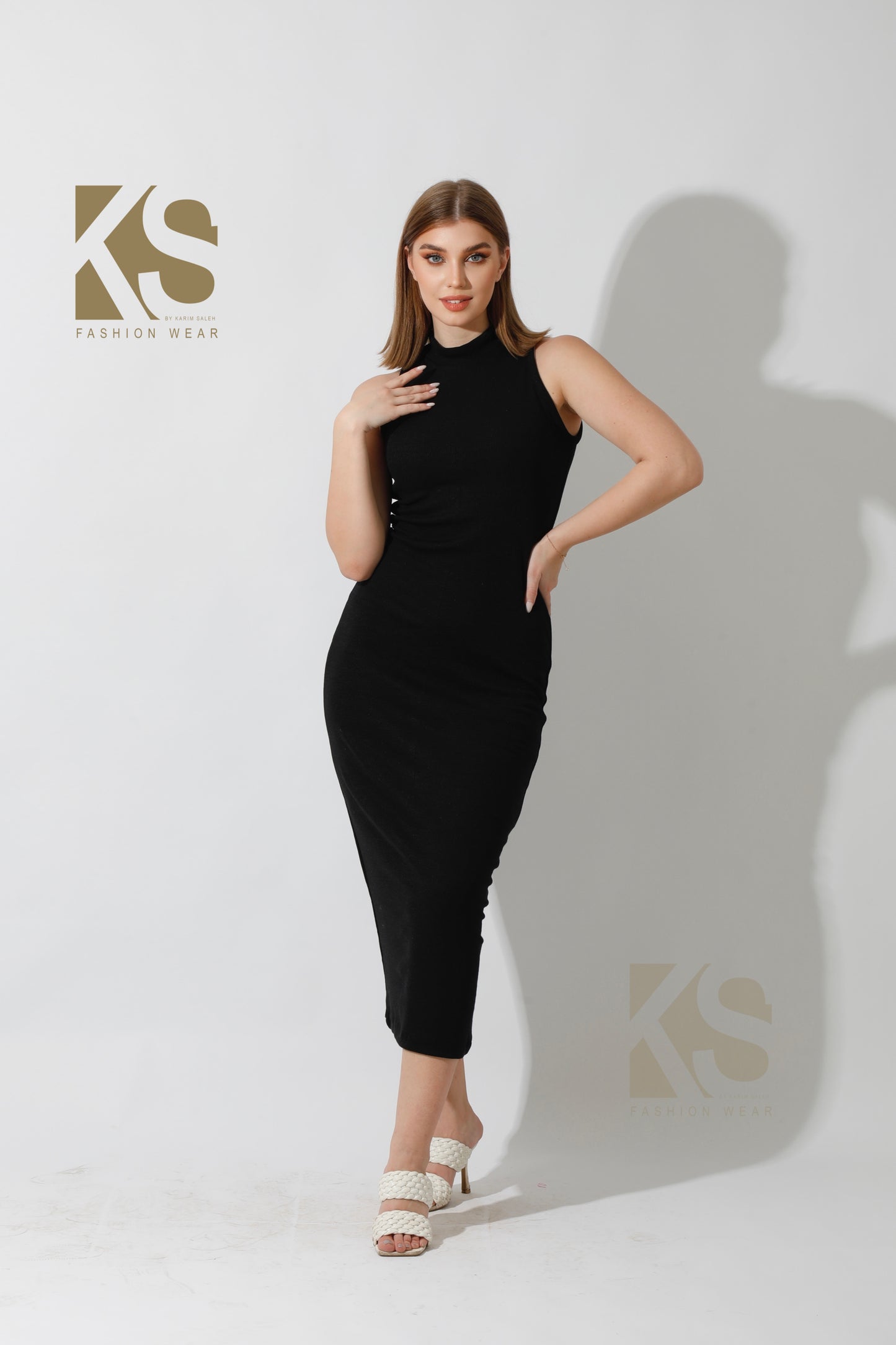 Slinky High Neck Midi Sleeveless Dress - Black
