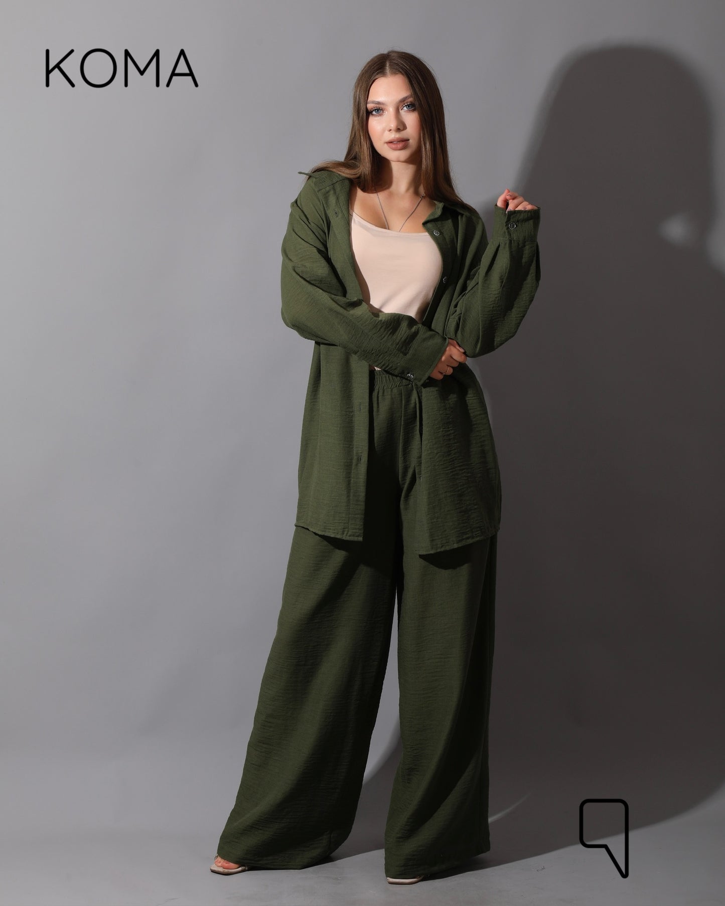 Co-Ord Lenin Long Sleeve Shirt & Wide Leg Trousers - Olive