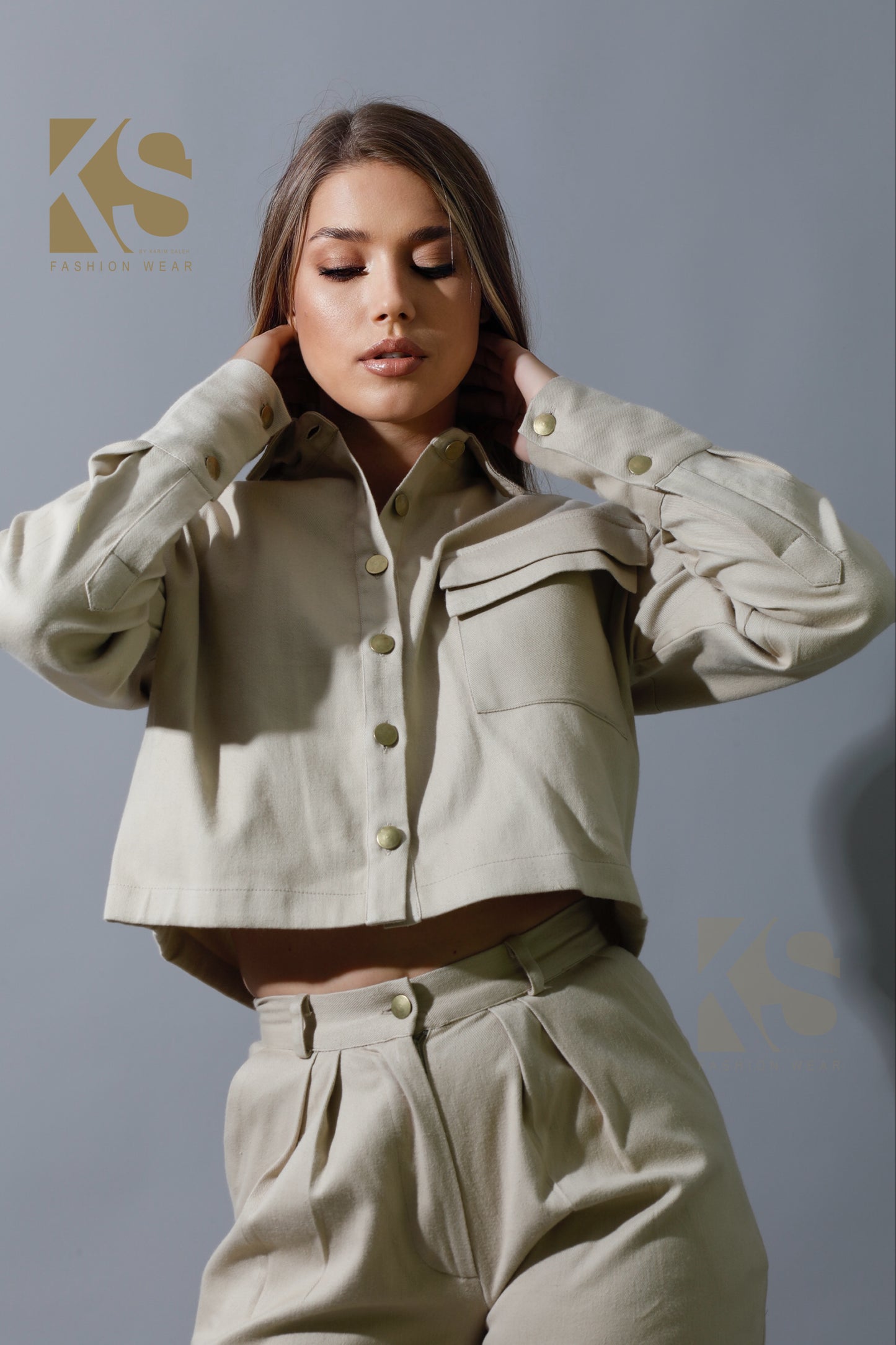 Co-ord Pleated Wide Leg Pants & Cropped Shirt - Beige