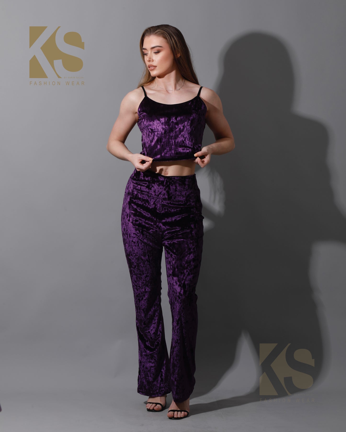 Velvet Crop Top & Bootcut Trousers Set - Purple