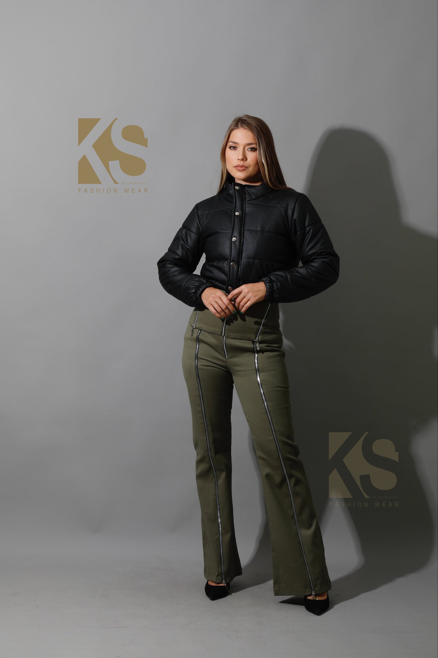 Leather Puffer Cropped Jacket - Black