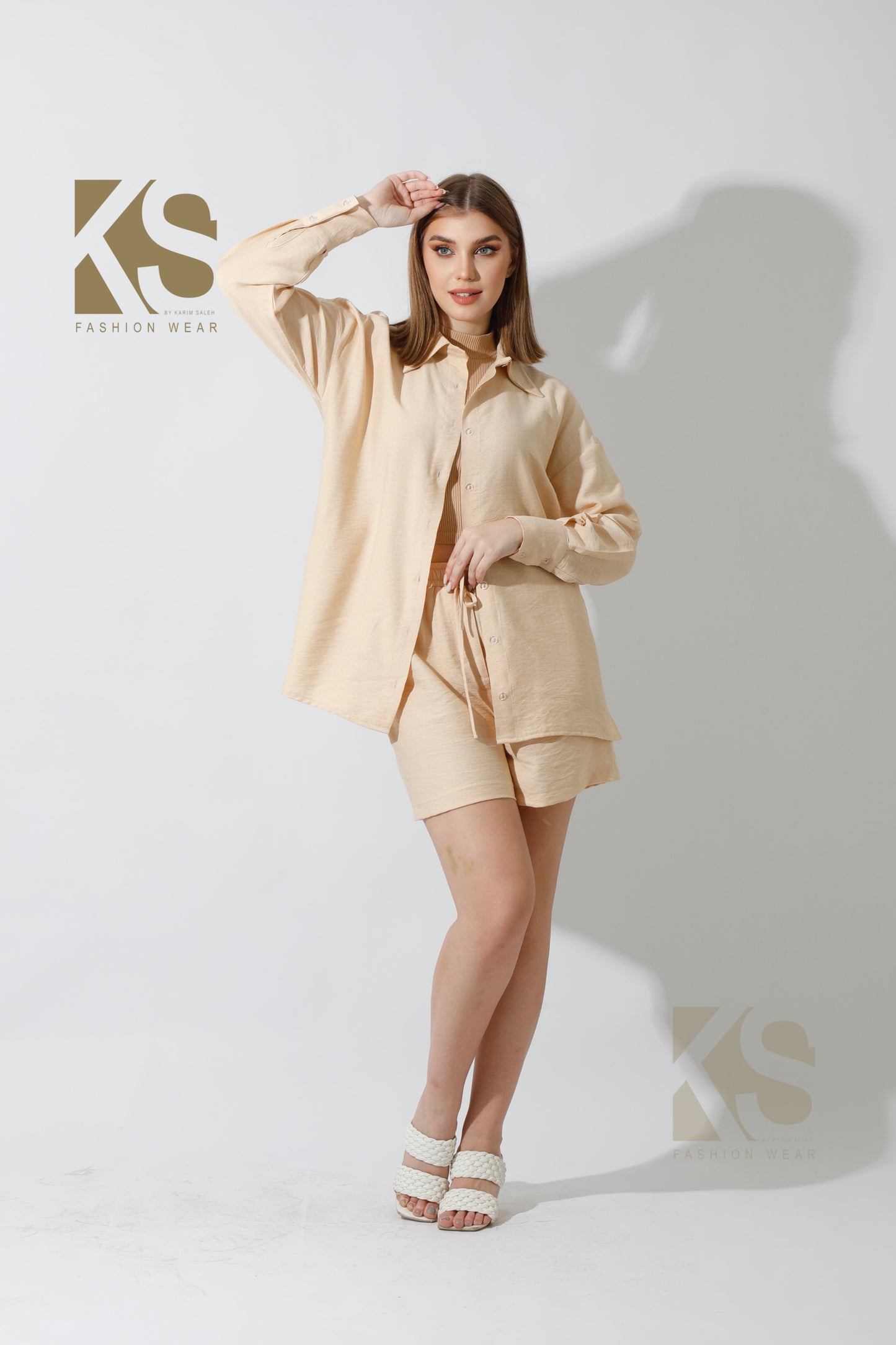 Lose Fit Shirt & Shorts Set - Beige