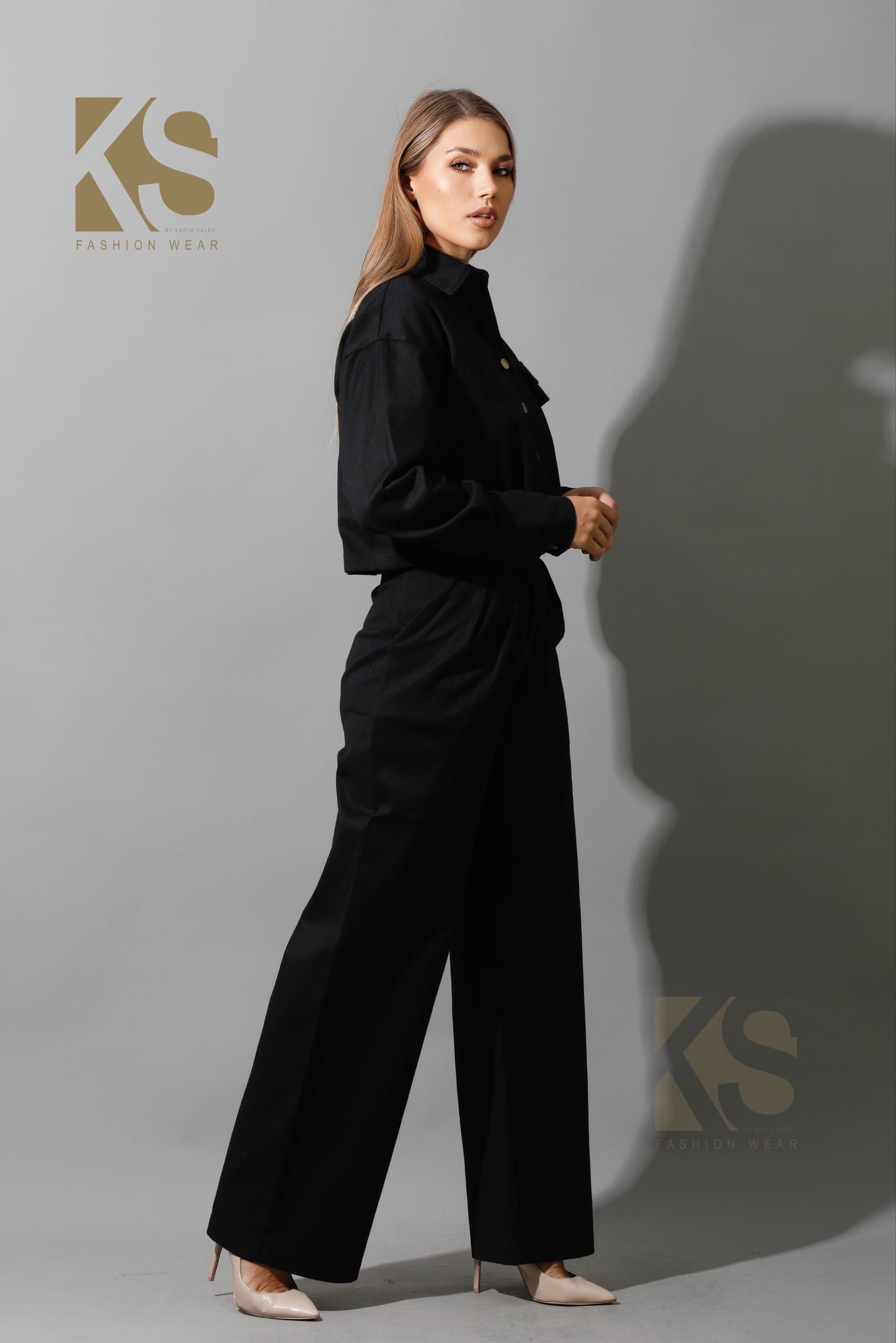 Co-ord Pleated Wide Leg Pants & Cropped Shirt - Black