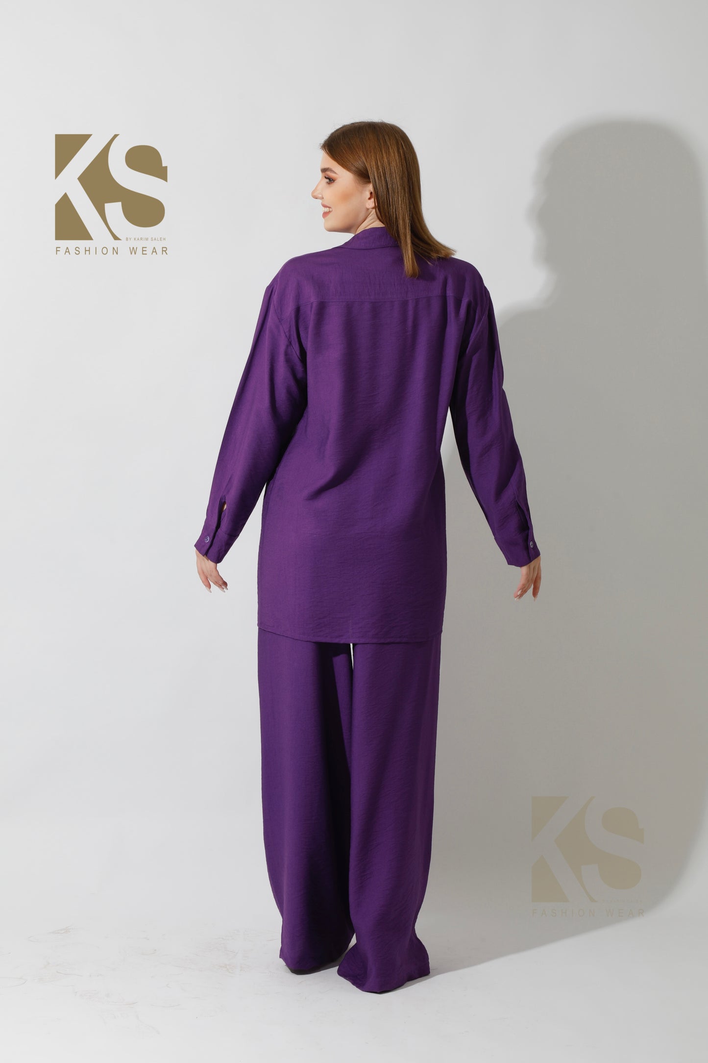 Long Shirt & Wide Leg Trousers Set - Purple