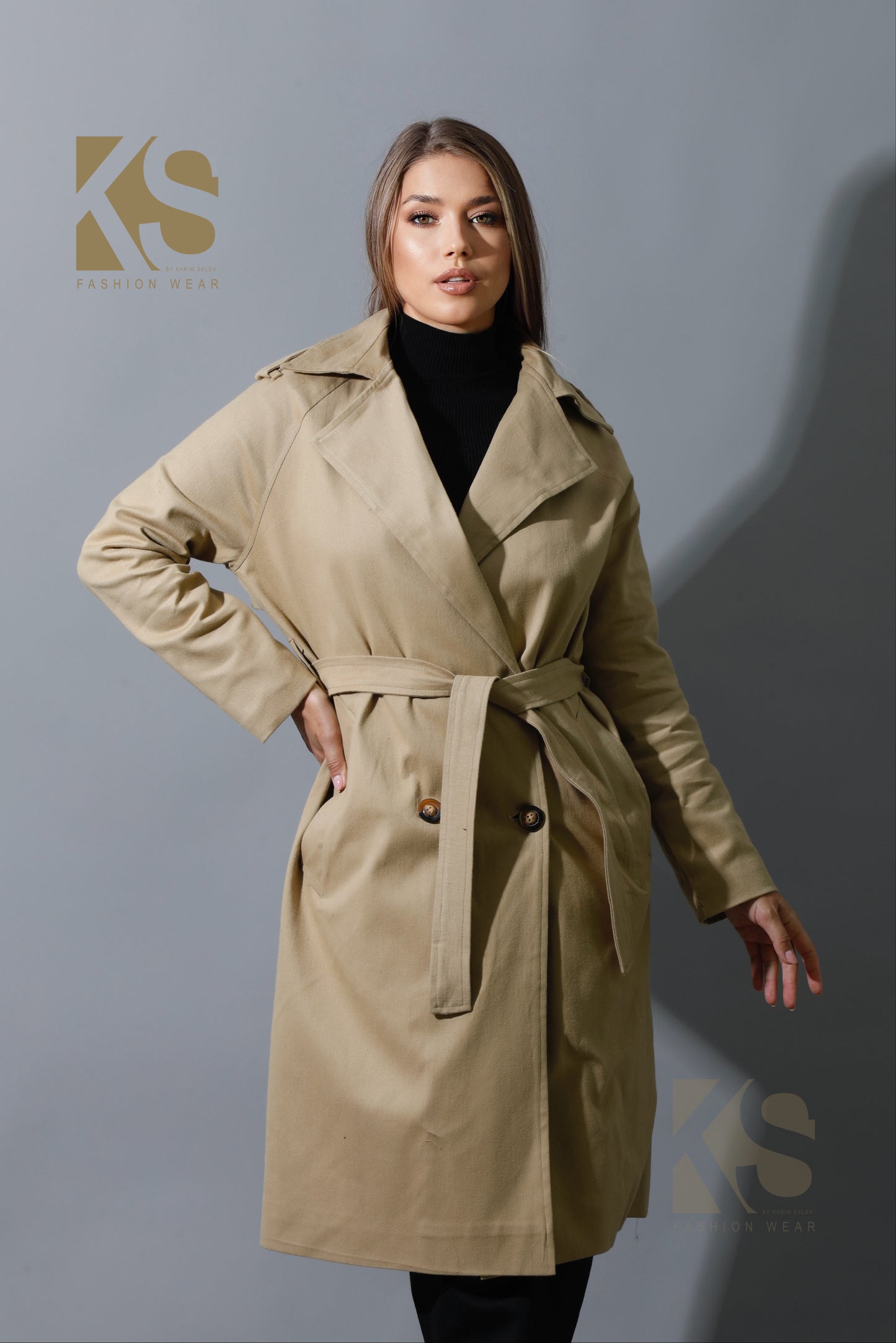 Wrapped Belted Trench Coat - Beige