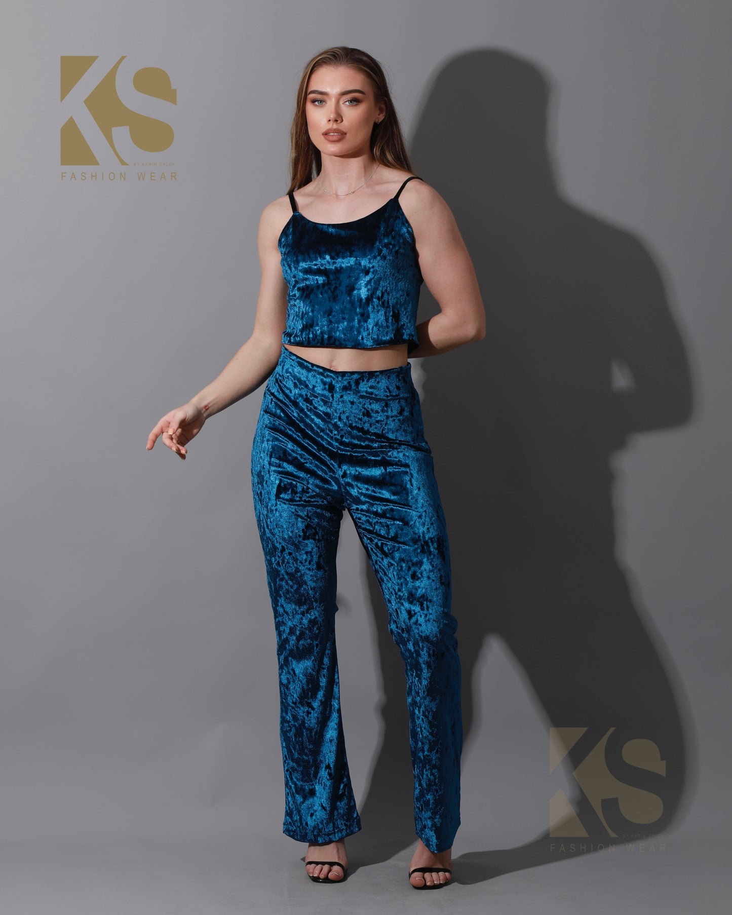 Velvet Crop Top & Bootcut Trousers Set - Petrol