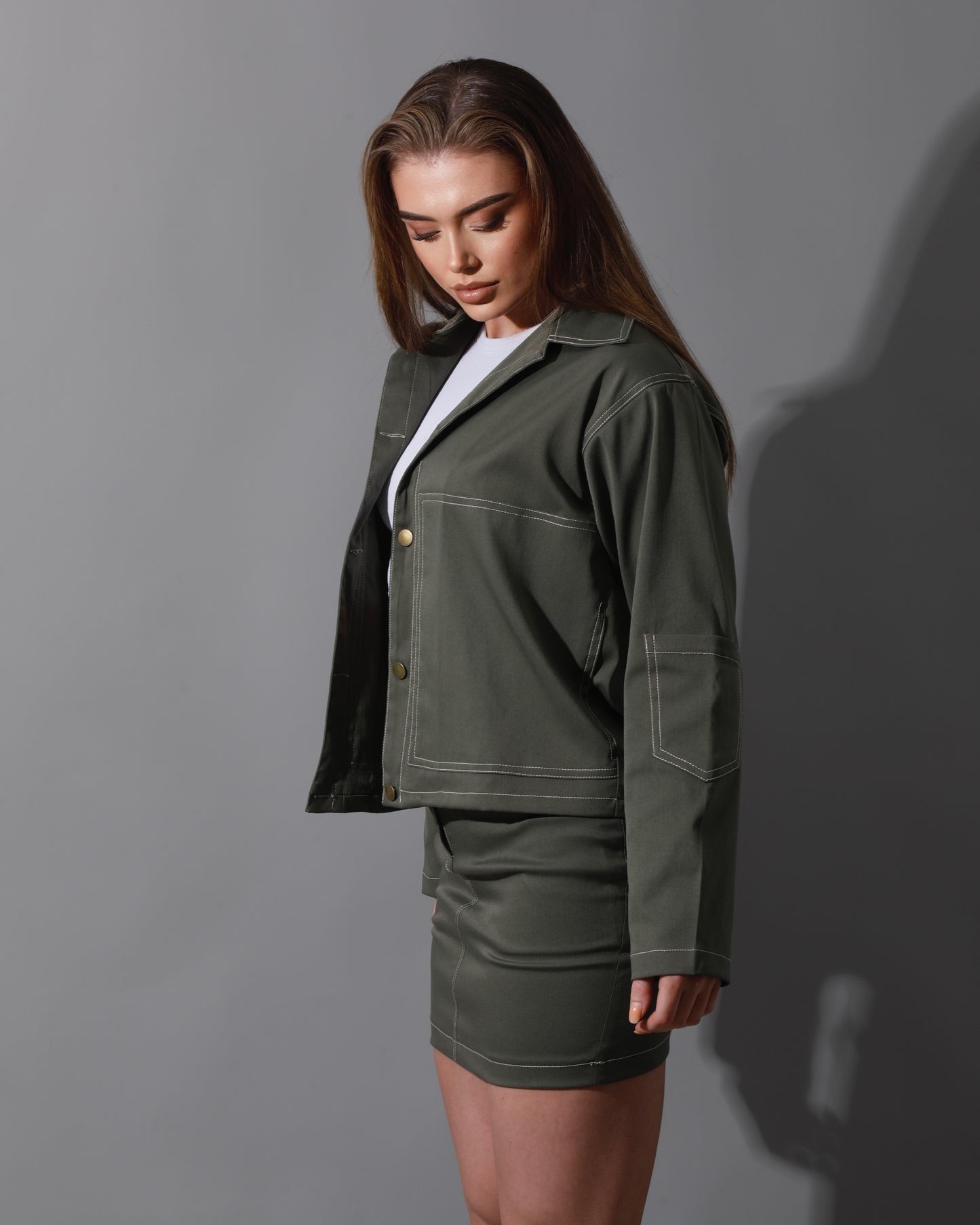 Co-Ord Gabardine Sleeves Jacket & Short Skirt - Olive