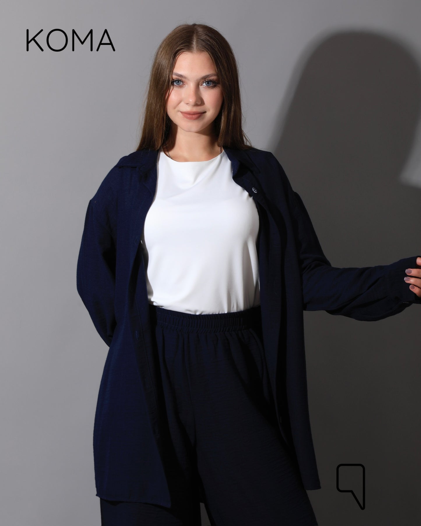 Co-Ord Lenin Long Sleeve Shirt & Wide Leg Trousers - Navy